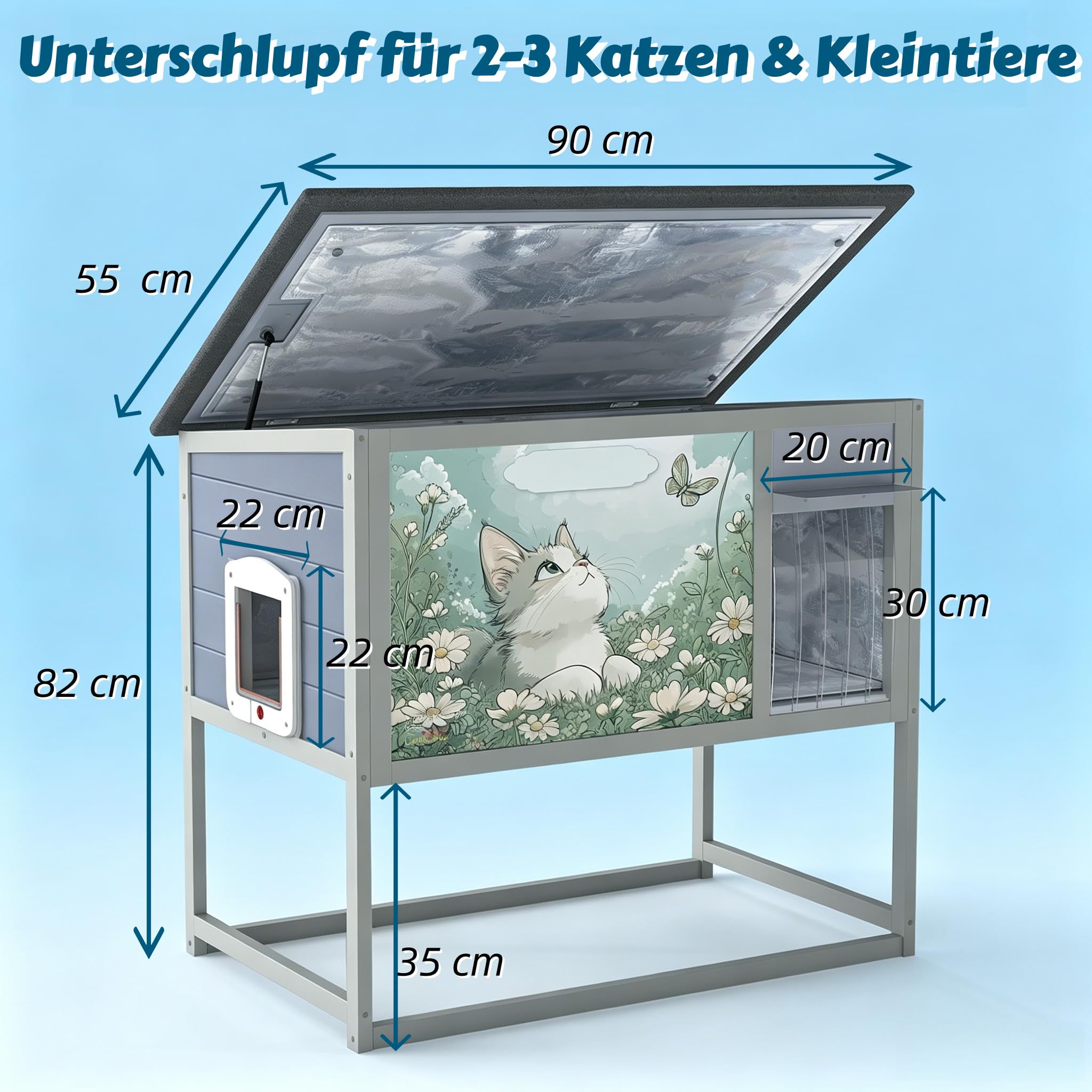 isoliertes Katzenhaus Outdoor Winterfest mit hohen Beinen – Grau mit Buntem Design, Holz Haustierhaus wetterfest mit PVC-Türvorhang, Wärmedämmung & aufklappbarem Dach für Katzen und Kleintiere