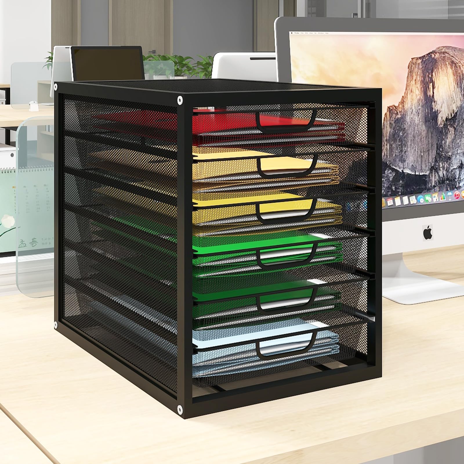 Natwind Mesh Desk Organizer with 6 Tier Sliding Drawers, Paper Sorter, Multi-Functional Home Office Supplies Storage Tray for Letters, Documents, Books, Mail, Files, Arts & Crafts Supplies - Black