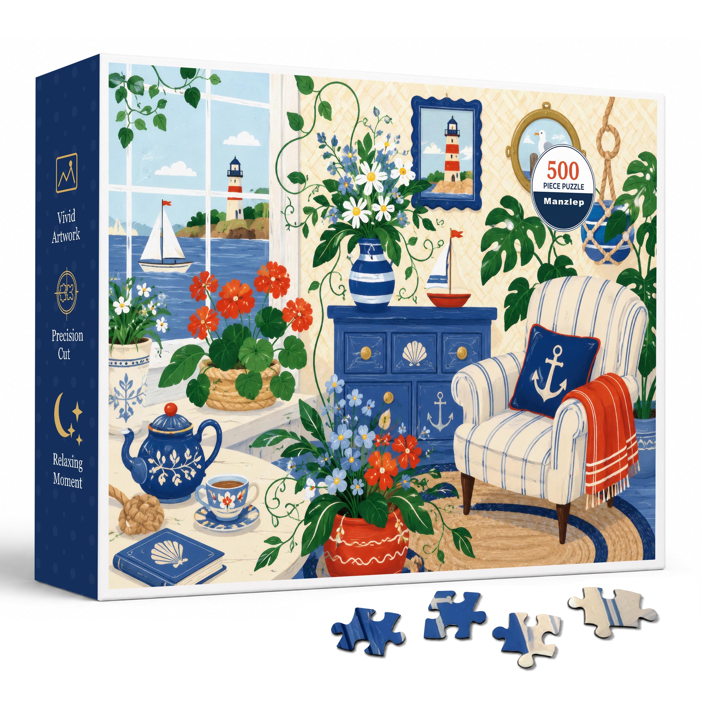 Coastal Cottage 500 Piece Jigsaw Puzzle for Adults, Nautical Sunroom Art with Lighthouse View, Sailboats, Flowers, Striped Armchair, Blue Cabinet, Anchor Pillow and Seaside Garden Charm Scene