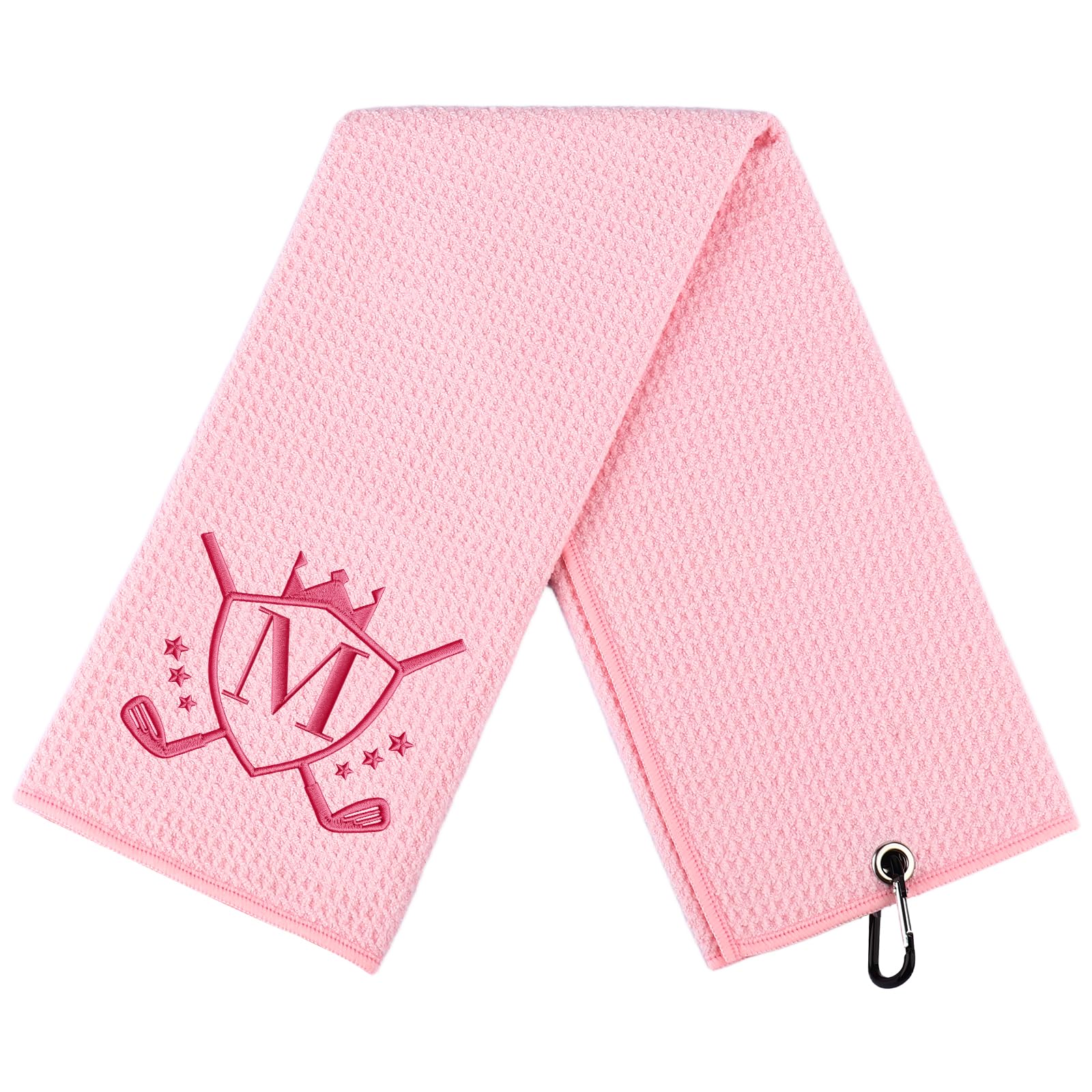 CGFN Golf Towel Gift, Golf Gifts for Men, Women Microfiber Waffle Golf Towels with Embroidered Monogrammed |16”x 24”Golf Towels for Golf Bags with Clip for Men (Pink, Initial-M)