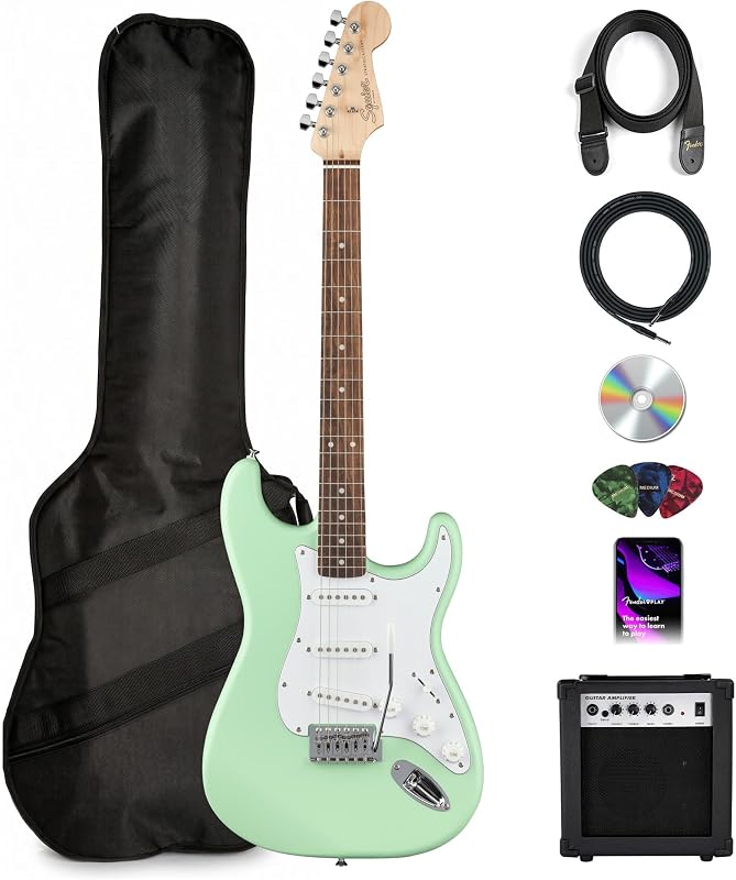 Squier Stratocaster Electric Guitar - Surf Green Bundle with Amplifier, Gig Bag, Cable, Strap, Picks, and Austin Bazaar Instructional Video