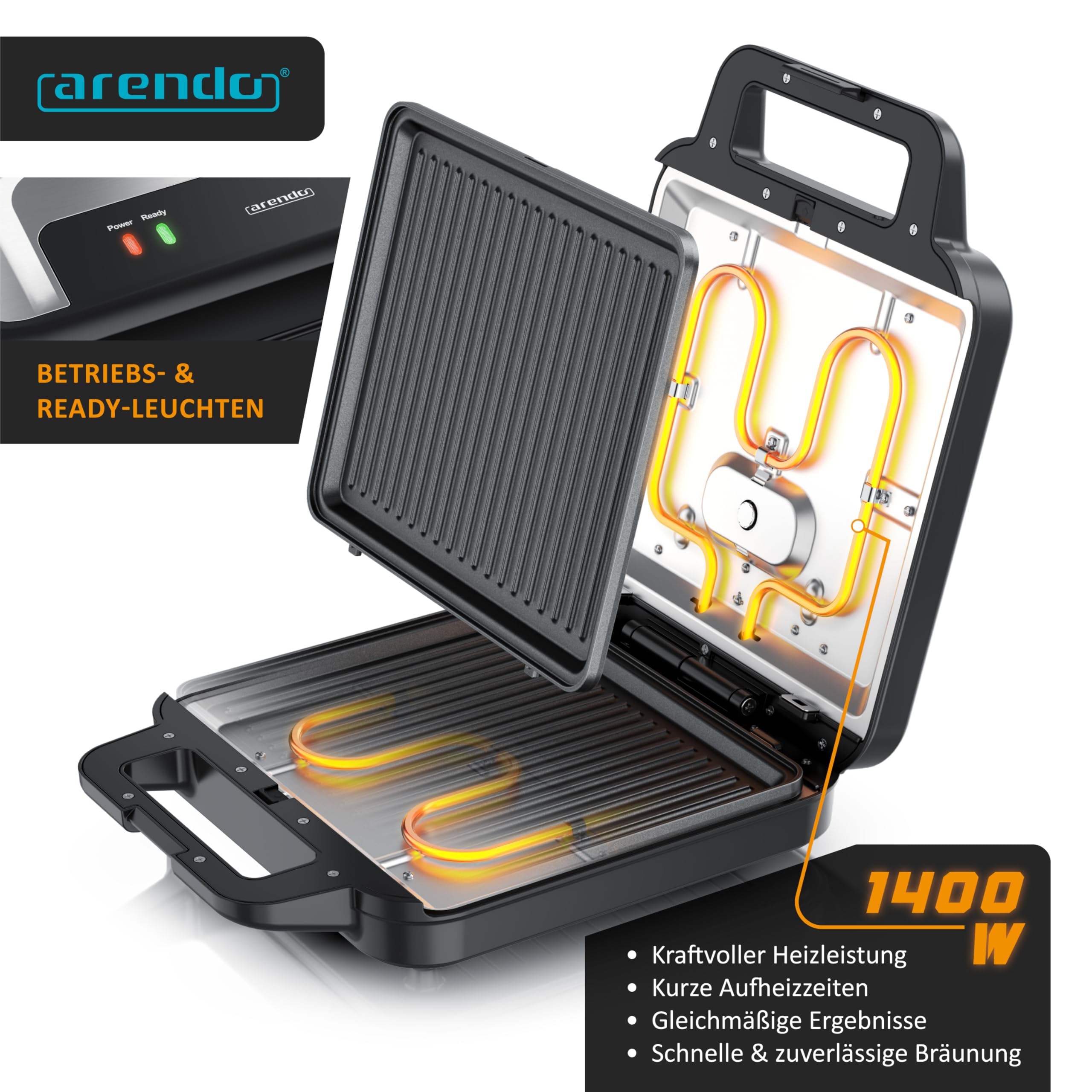 Arendo - Waffeleisen XXL 4er - 3 in 1 Sandwichmaker Kontaktgrill mit abnehmbaren Platten - mit Antihaftbeschichtung - Sandwichtoaster - 4er Platten - belgische Waffeln