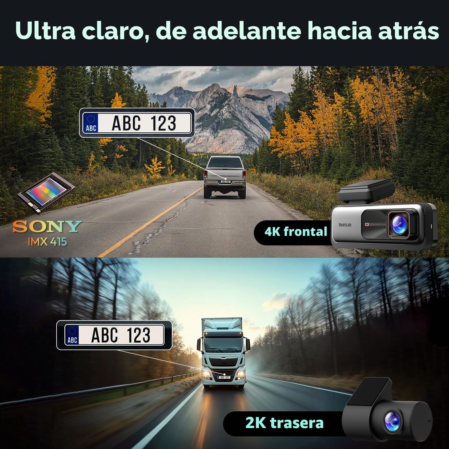 BOTSLAB Starvis 4K - Cámara de salpicadero para coche (parte delantera y trasera, WiFi, GPS, ADAS, control por voz, tarjeta gratuita de 64 GB, visión nocturna, WDR, IPS de 2,45", vigilancia de