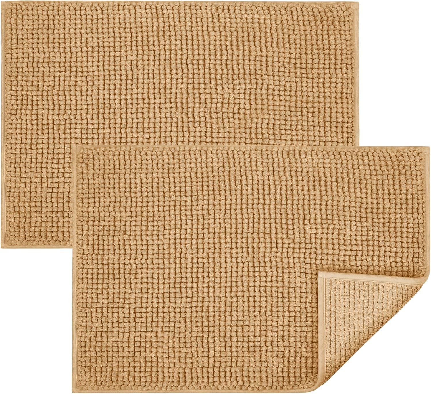 BedLooms Beige Bath Mat Non-Slip Anti Mould, 2 Pack 60x90cm Chenille Bathroom Mat, Ultra Soft Machine Washable Bath Mats Water Absorbent Shower Mat