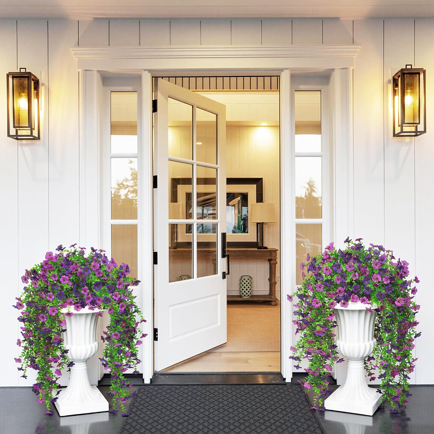 Artificial Fake Hanging Flowers Plant Spring Summer Decoration for Outdoor Faux Silk Daisy with Eucalyptus 4 Pcs Realistic UV Resistant Indoor Outside Garden Porch Patio Balcony Yard(Double Purple)