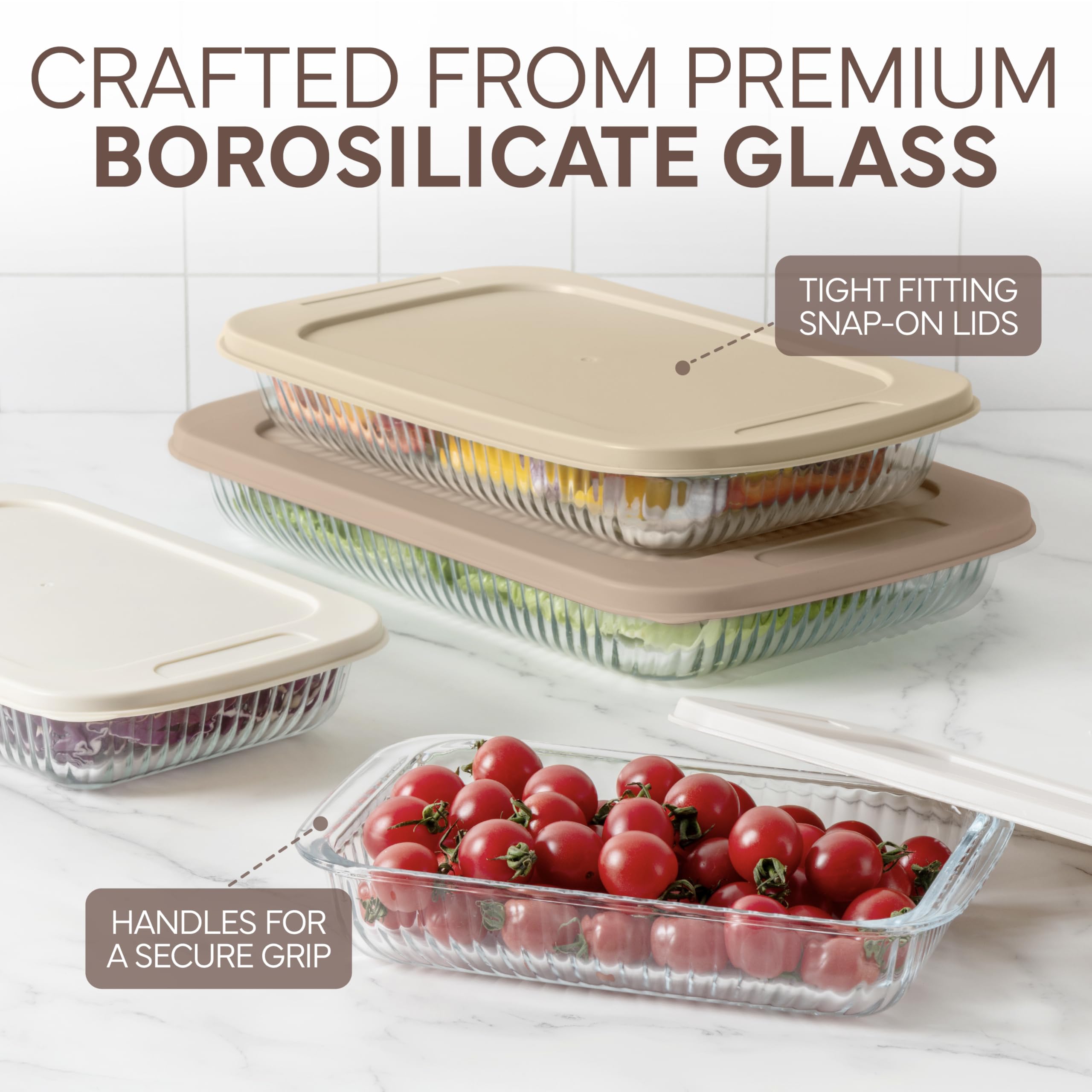 COOK WITH COLOR Glas-Backformen-Set mit Deckel, tiefe Auflaufform, Lebensmittelbehälter, ofen-, gefrier- und mikrowellengeeignet, transparenter Behälter, Braun, 8-teilig