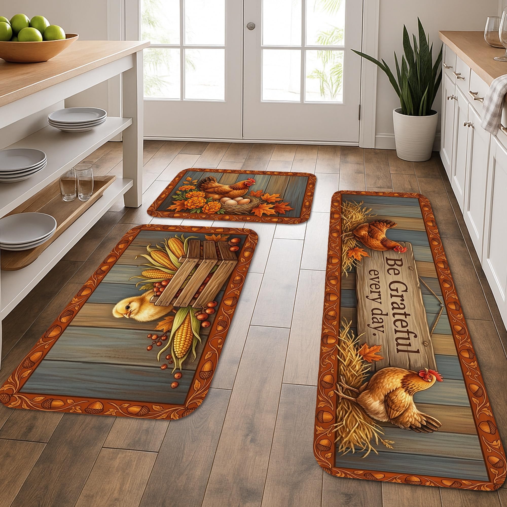 Tapis de cuisine rustique en forme de poule lavable et confortable, lot de 3 tapis marron