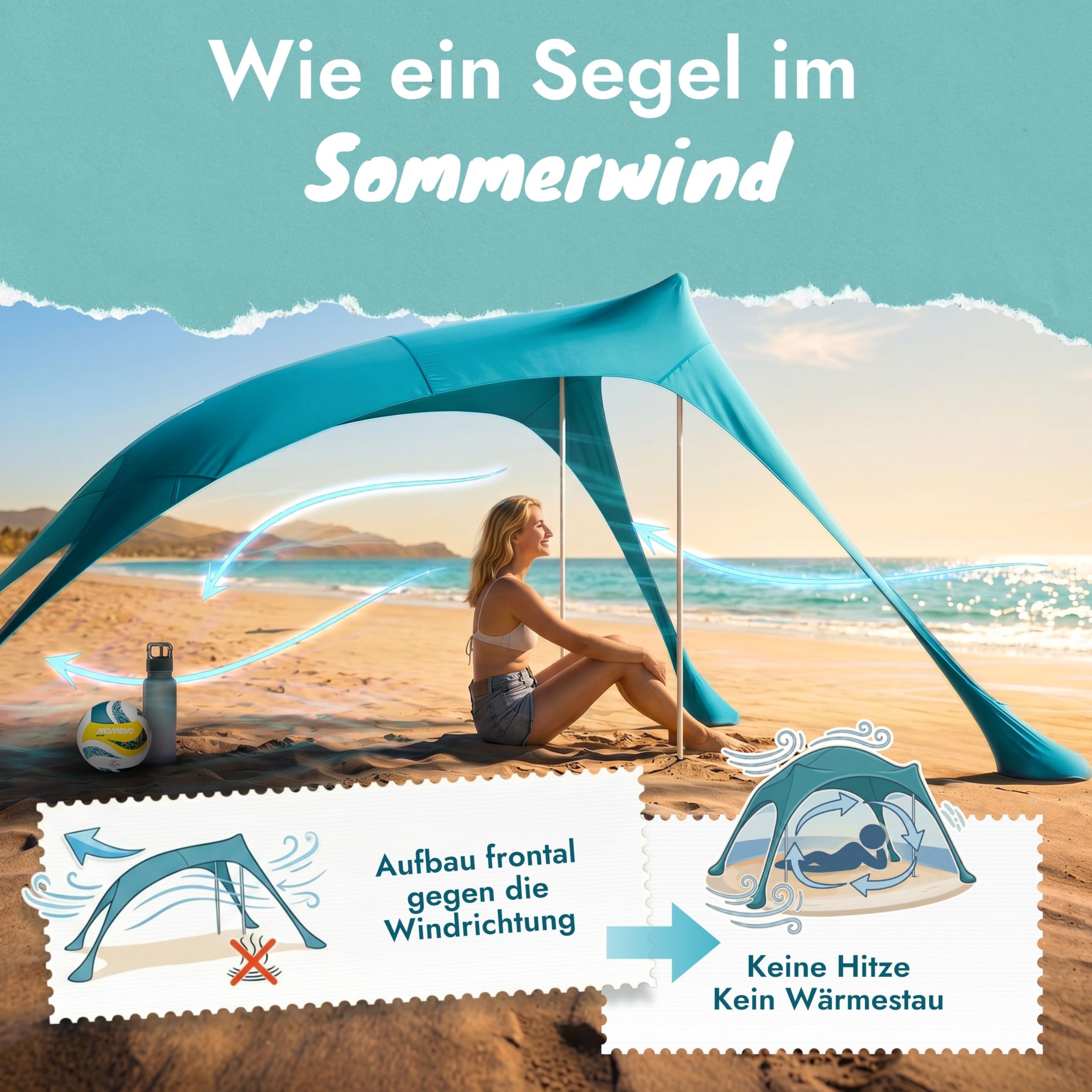 Sunsail Strandzelt Sonnensegel Strand UV Schutz UPF50+ windstabil leicht Next Level Strandmuschel 2 Stangen Petrolblau