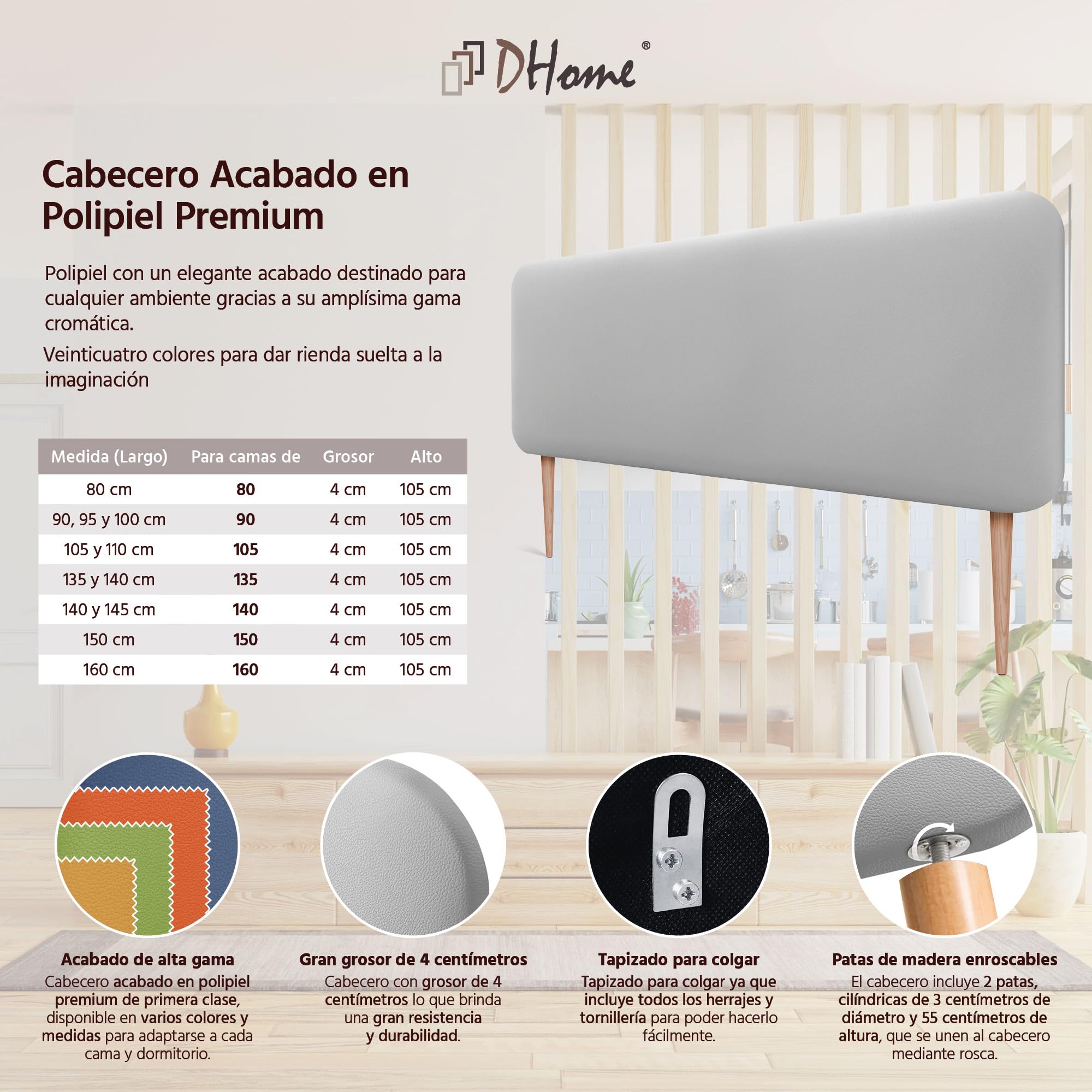 DHOME Cabecero Tapizado Liso Redondeado Polipiel con Patas para Pared Acústicos Cabeceros Absorbentes Cabezal Cama Dormitorio (Gris Claro, 135cm)