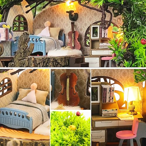 Miniatura 5 de SPILAY Kit de muebles de madera para casa de muñecas en miniatura hecho a mano modelo retro de villa con cubierta antipolvo y caja de música idea de