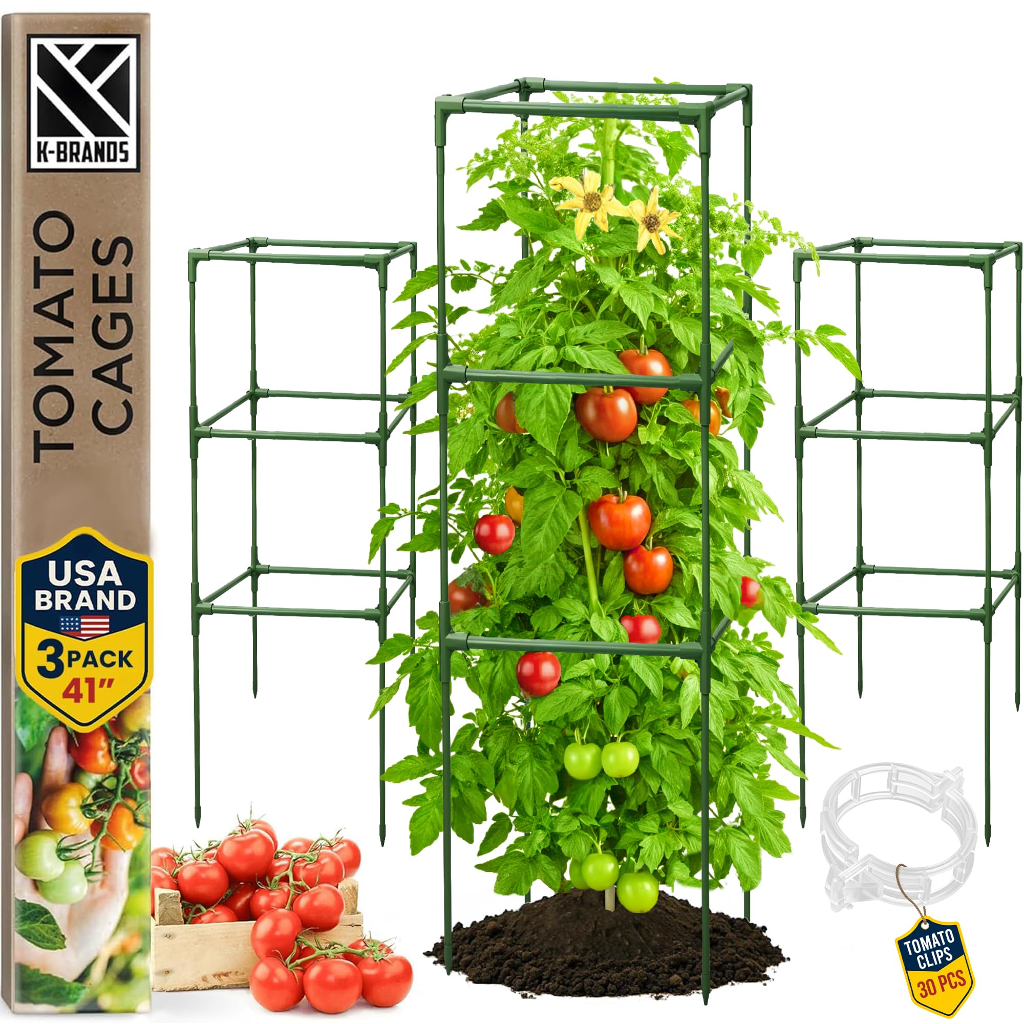 Square Tomato Cage - Large Trellis Stakes and Plant Support Structures for Vegetables and Climbing Plants - Tall Tomato Cages for Garden, Pots, Raised