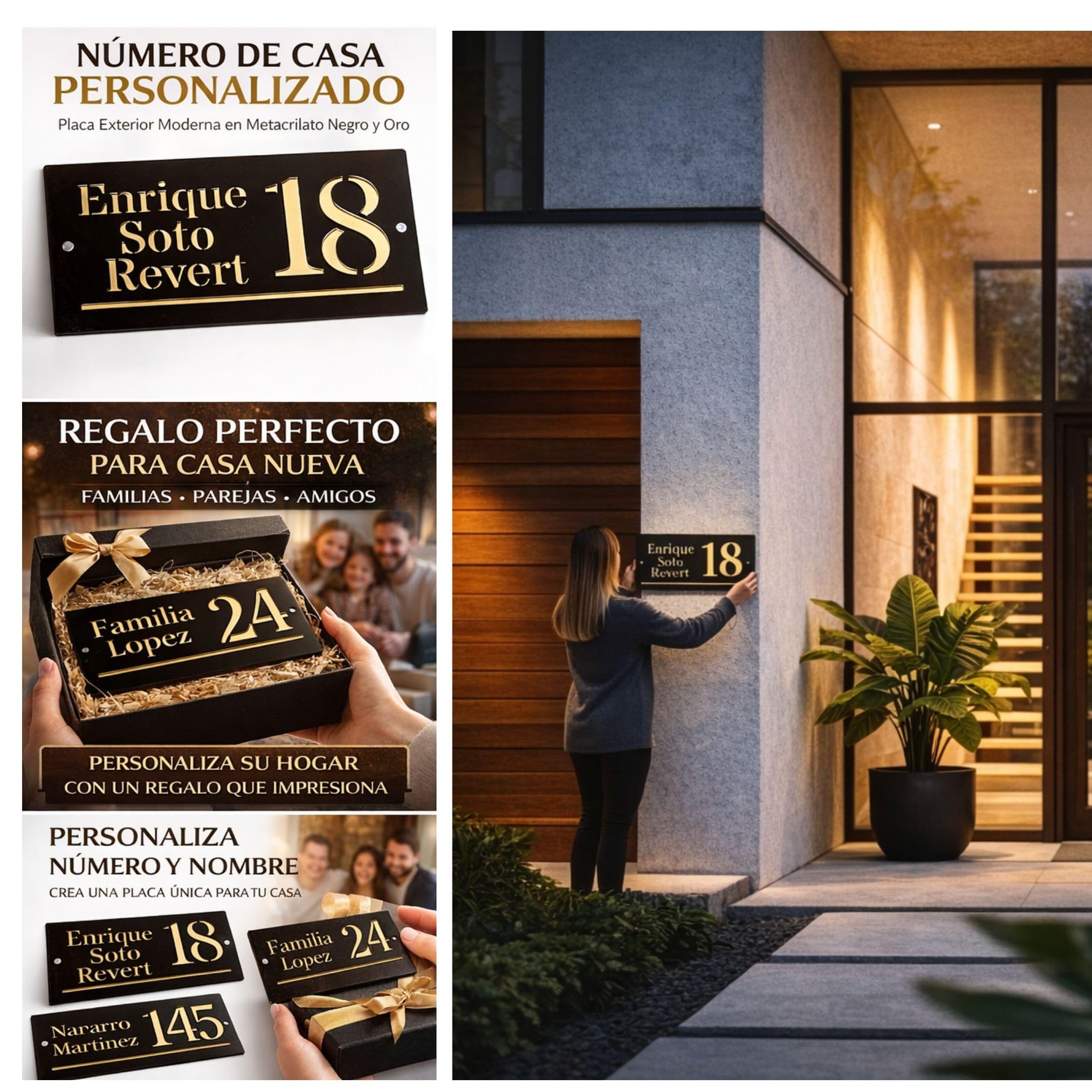 Número de Casa Personalizado con Nombre Placa Exterior Moderna en Metacrilato Negro y Oro – Letrero Dirección Casa Regalo Casa Nueva para Familia Placa Decorativa Olesea