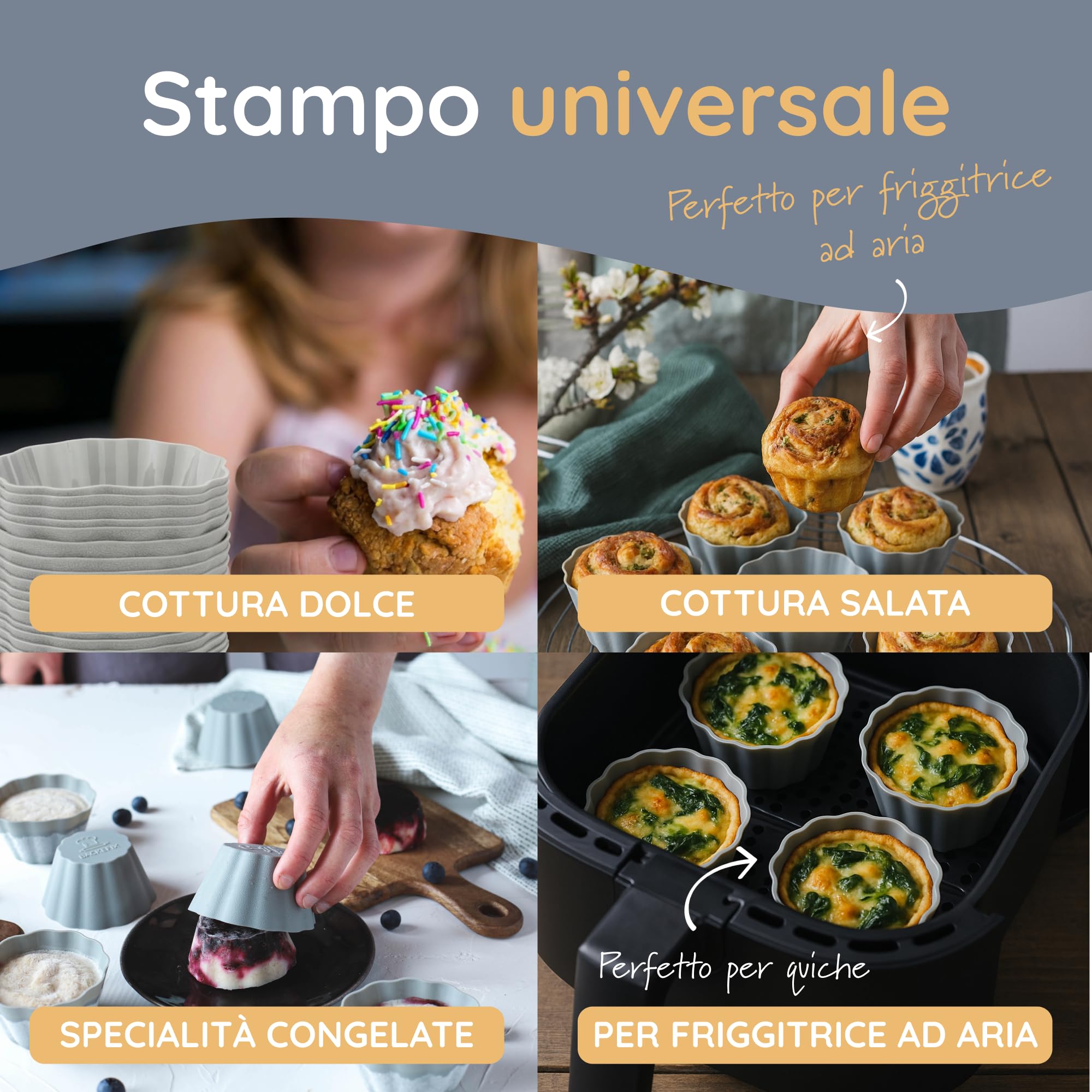 Backefix Stampi per muffin riutilizzabili in silicone senza BPA, in set da 24 pezzi, conformi agli standard tedeschi, antiaderenti senza grassi, stabili e spessi, stampi per muffin singolarmente da