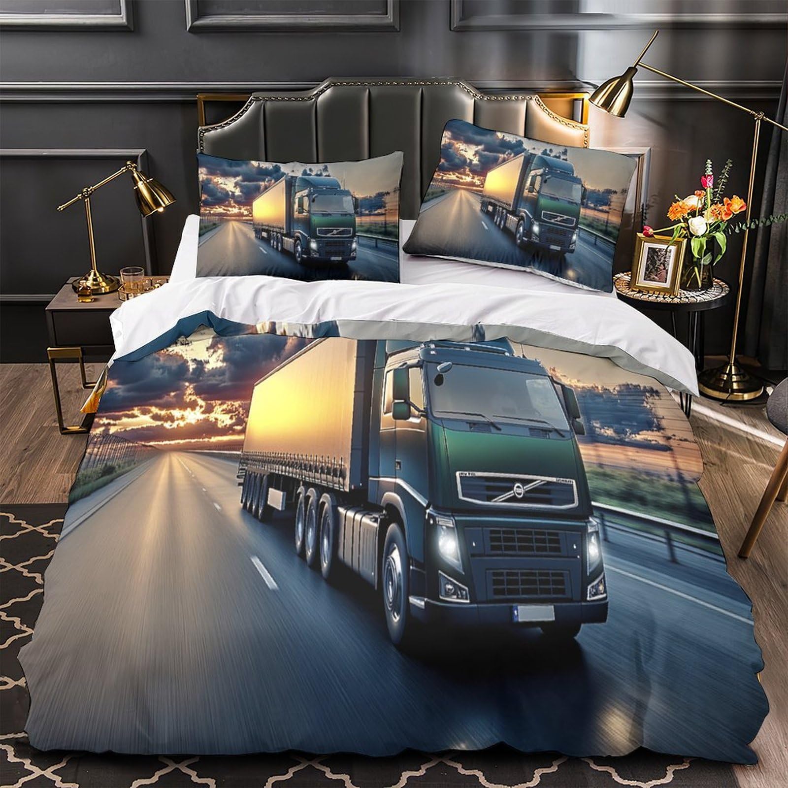 Truck on highway 3D Print 3 Piece Bed Cover Night travel style Quilt Cover Set 3D Printed Breathable Microfiber Hidden Zipper for Girls Teens Women Adults Single（140x200cm）