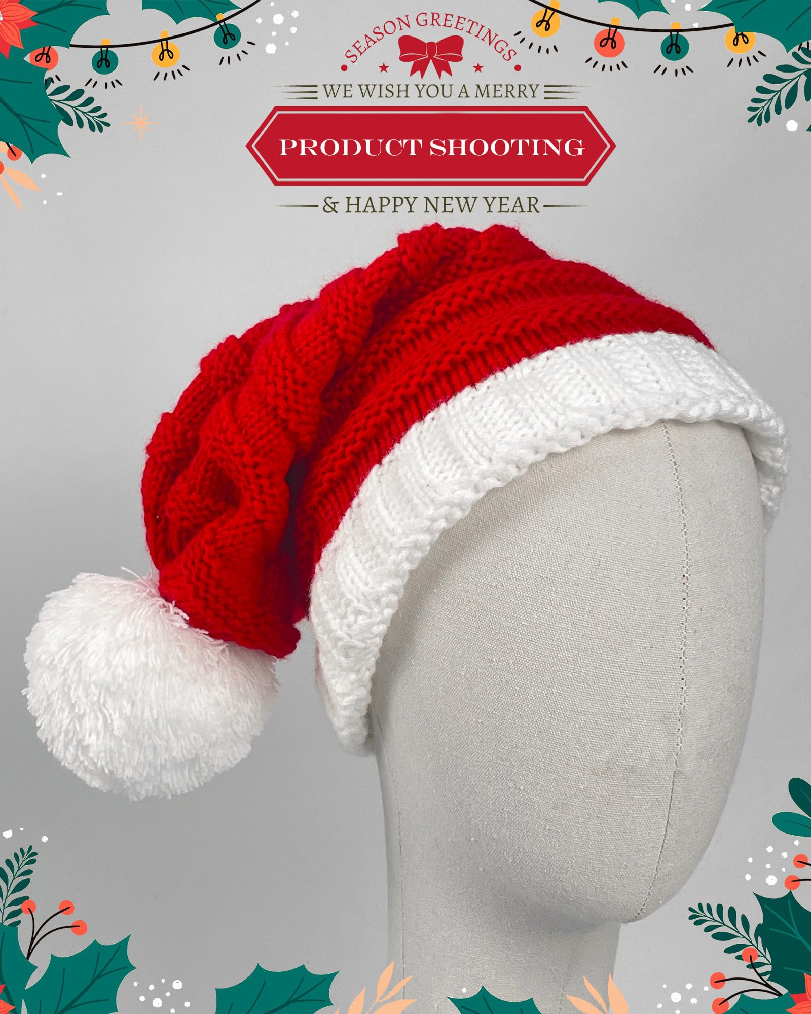 Hikkcos Gorro de Papá Noel de punto con pompón, gorro rojo para mujer, gorro de invierno de Navidad, regalo de Año Nuevo