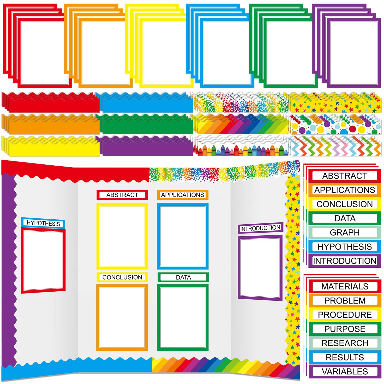 90 Pcs Science Fair Board Supplies 60 Trim Scalloped Bulletin Board Borders 24 Presentation Board Subtitles 6 Science Fair Titles for Classroom Display Boards (Rainbow)