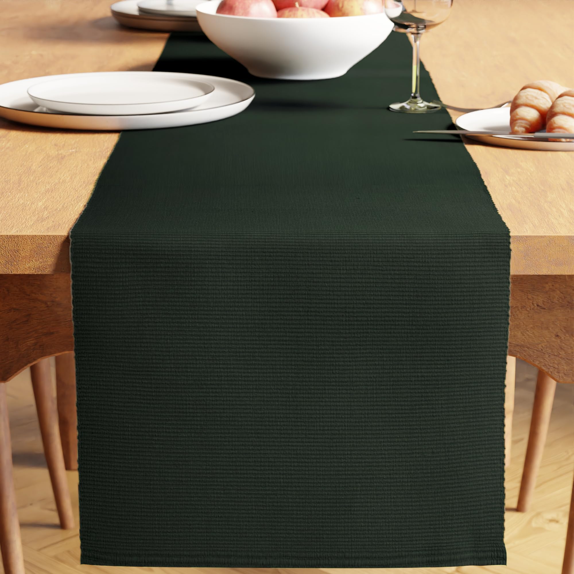 Encasa XO Dining Table Runner for 4 to 6 Seater| Yarn Dyed Fine Ribbed Cotton | Size 32x250 cm | Dark Green | Machine Washable