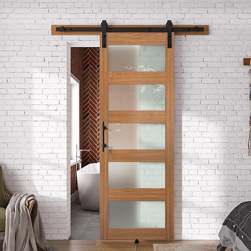 SmartStandard Puerta de granero de vidrio de 28 x 84 pulgadas con kit de herrajes deslizantes de 5 pies y asa, preperforada lista para montar,