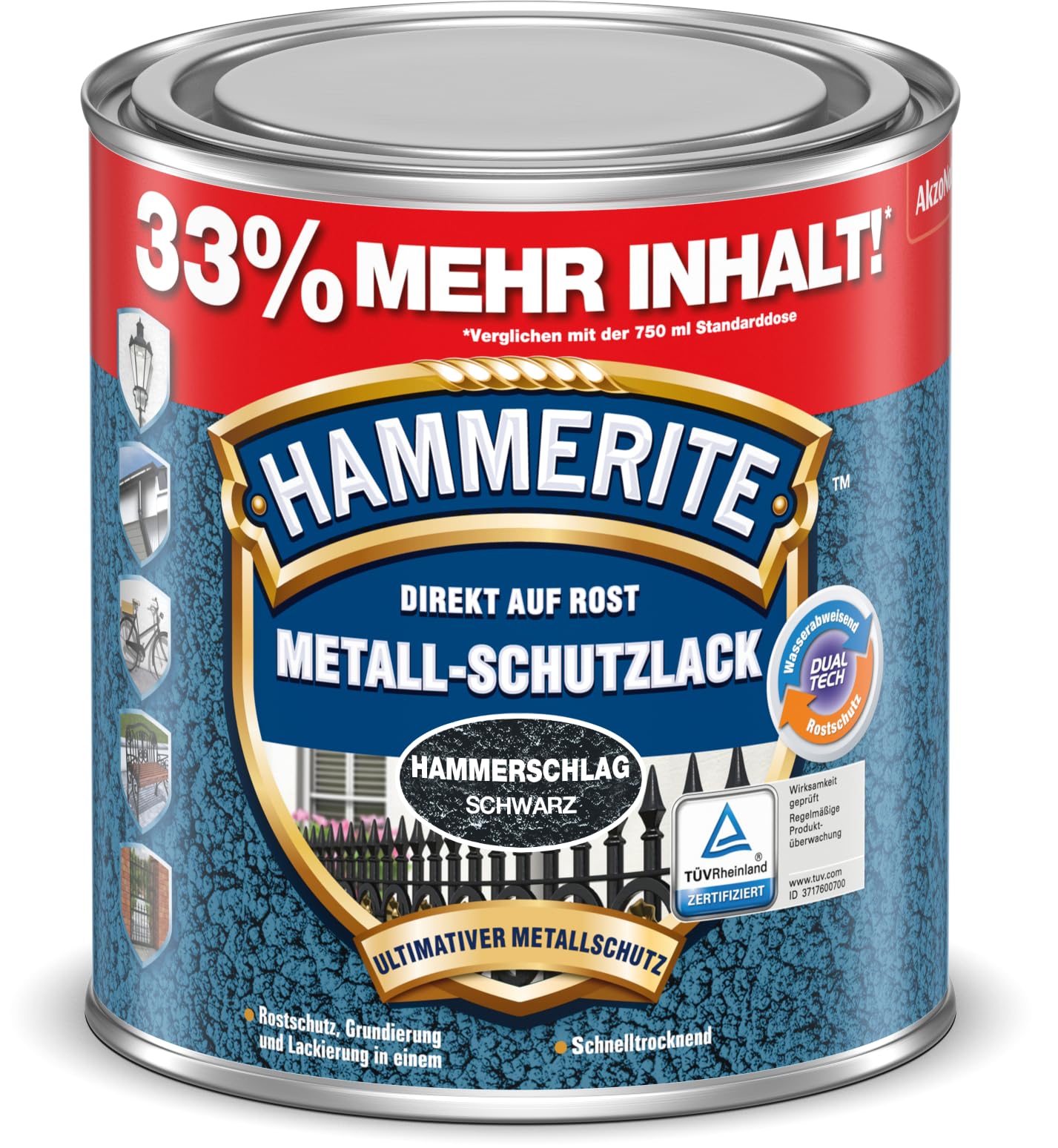 Hammerite Metallschutzlack Hammerschlag, 3in1- Rostschutz, Schwarz, 1L