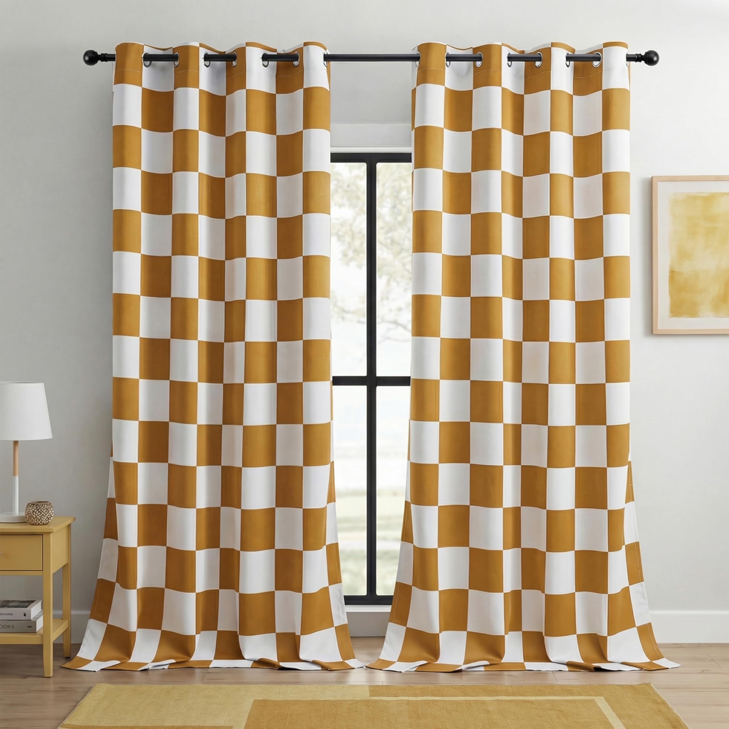 BOHOMOCASA 100% Blackout Checkered Curtains – 2 Panels, Each W52×L84, Thermal Insulated, Nosie Reducing for Bedroom, Modern Mustard and White Checkerboard Design — image 1