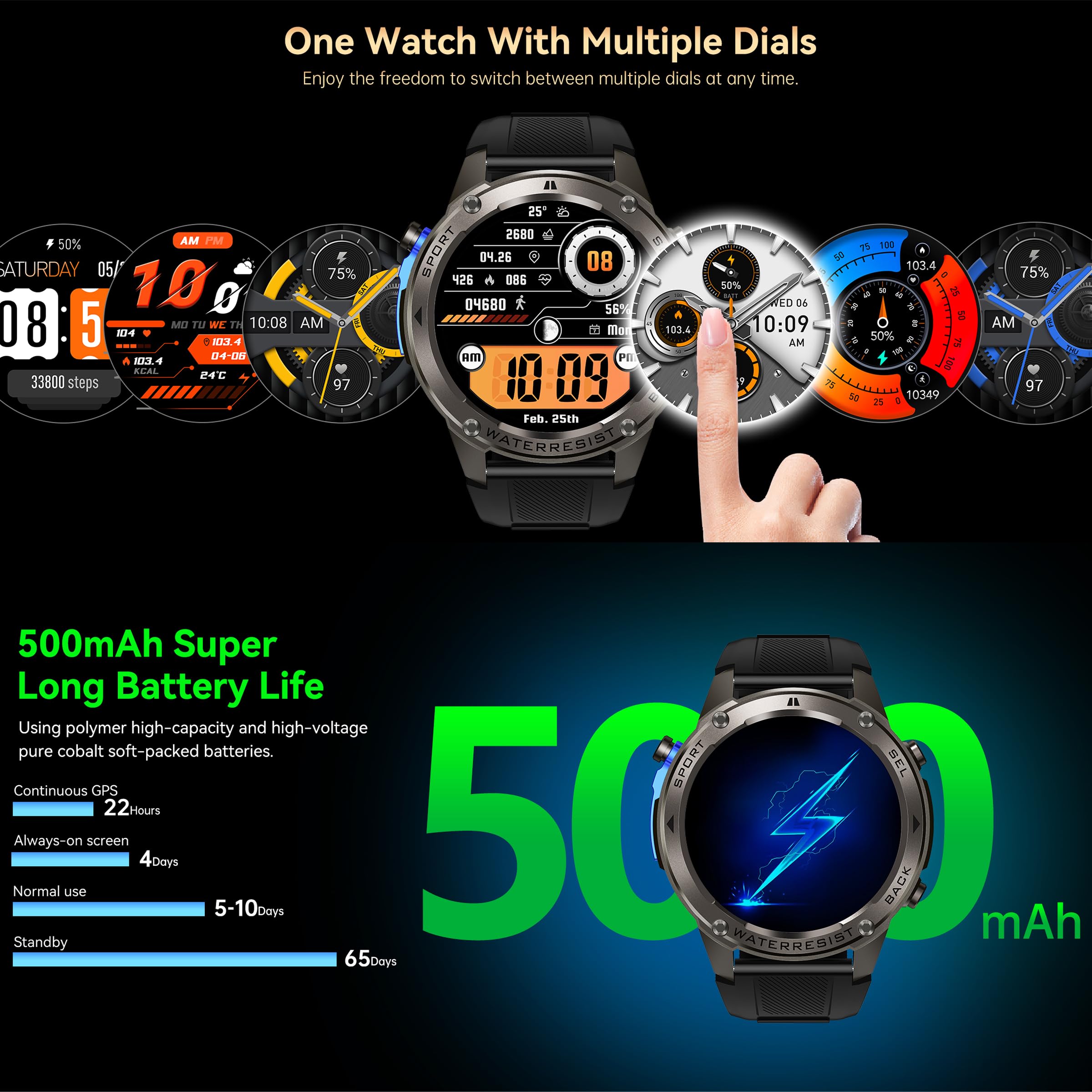 Orologio intelligente con GPS, orologio da corsa, stile militare, con Bluetooth, cardiofrequenzimetro, contapassi, barometro, bussola, per telefoni Android e iOS