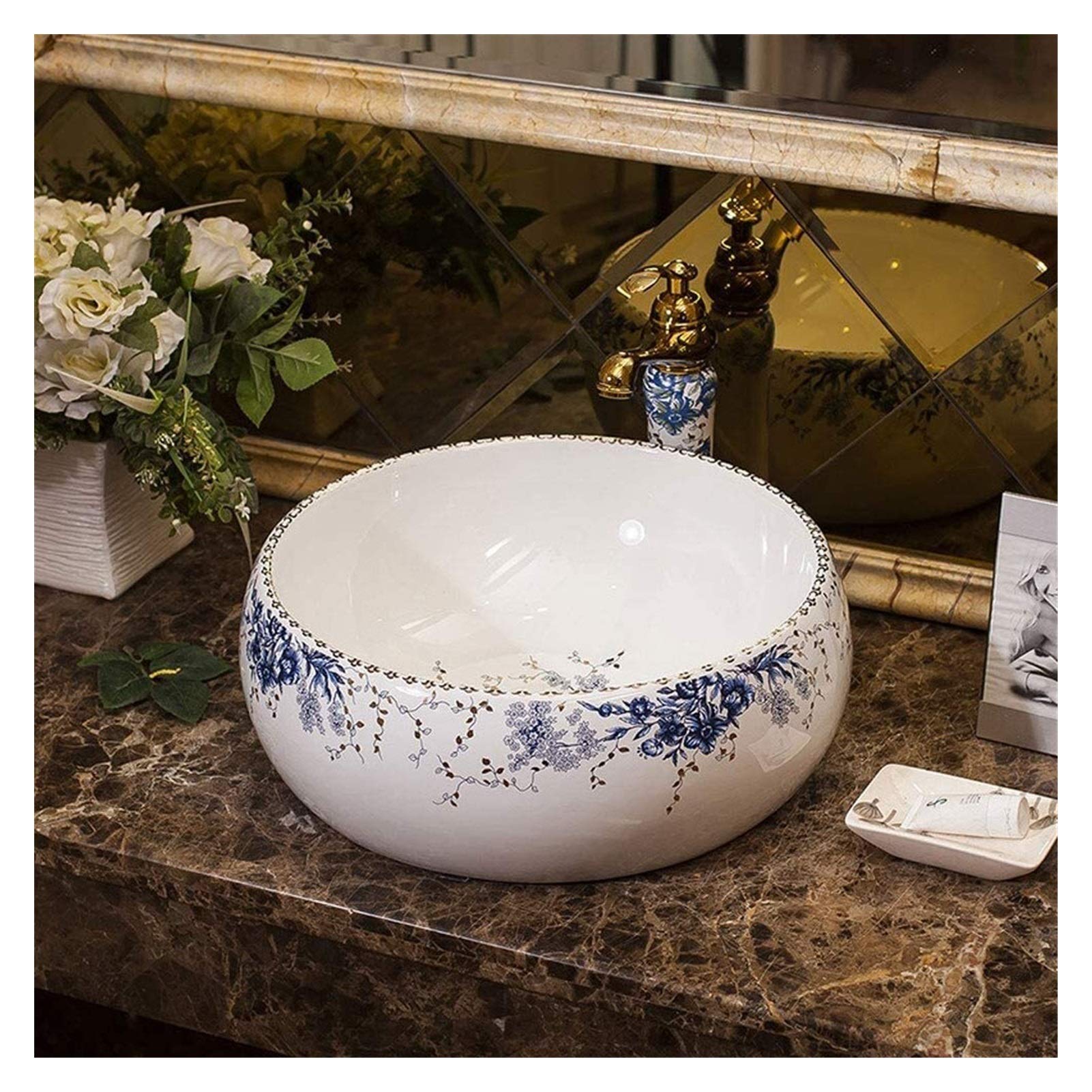 Gljtuo White Vessel Sinks, Bathroom Vessel Sink Luxury Hotel Art Sink Bathroom 12"" Porcelain Wash Basin Combo Round Vessel Sink With Faucet Wuwei20231105