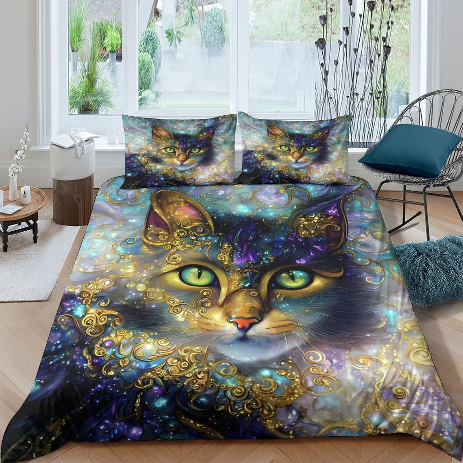 Ctjqhvkz Style-6 3D Printed Fantasy Cat Fitted Sheet Microfiber Soft Blue Gold Galaxy Mattress Cover For Bedroom Guest Room Decor Single（135X200cm）