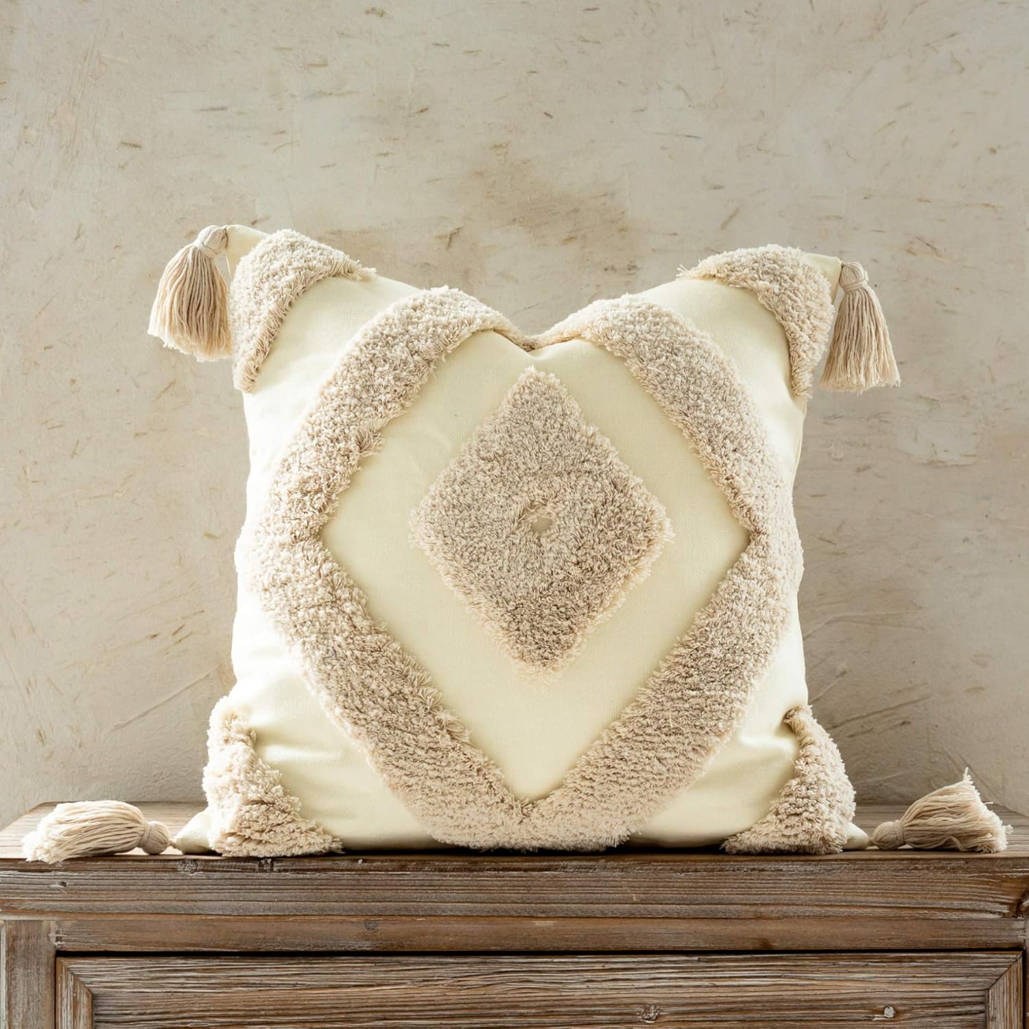 Snugtown Woven Tufted Boho Throw Pillow Cover Set of 2, Modern Decorative Geometric Diamond Chevron Cushion with Tassels, Farmhouse Tribal Pillowcase, 18 x 18 Inches, Ivory