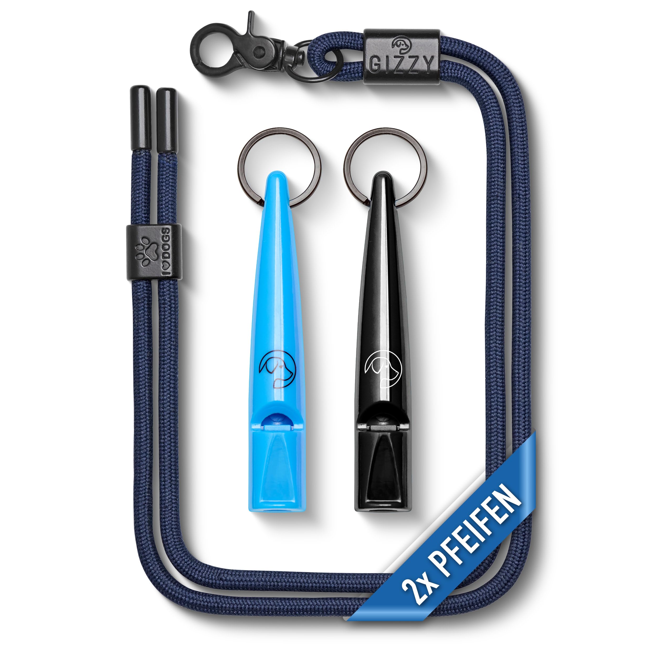 GIZZY® 2X Hundepfeife lauter & weitreichender Pfeifton I 2X Hundepfeifen ideal als Erziehungshilfen für Hunde I Zum Hundetraining u. als Hundepfeife Rückruf geeignet I Inkl. wertigem Band (blau)