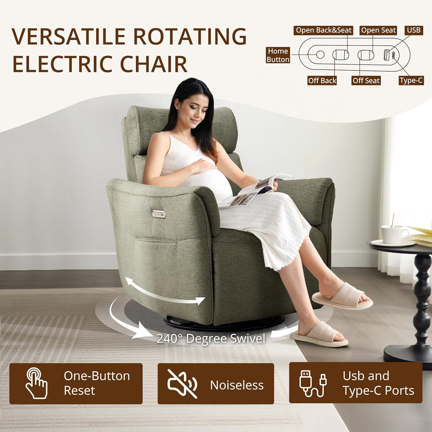 Power Rocking Chair Nursery Glider Recliner with Adjustable Headrest, Dual Motor Chenille Swivel Rocker Recliner Chair with USB Port and Storage Bags, FSC, CertiPUR-US® Certified, Green