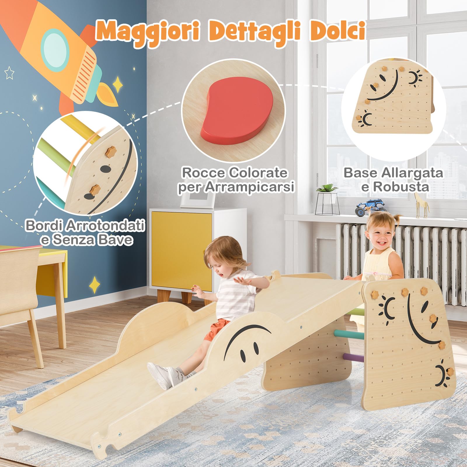 COSTWAY 6 in1 Set Arrampicata per Bambini, Giocattoli da Arrampicata in Legno con Rampe Reversibili, Altalena, Sgabello Regolabile in Altezza, Scala da Arrampicata per Bambini 3+ Anni