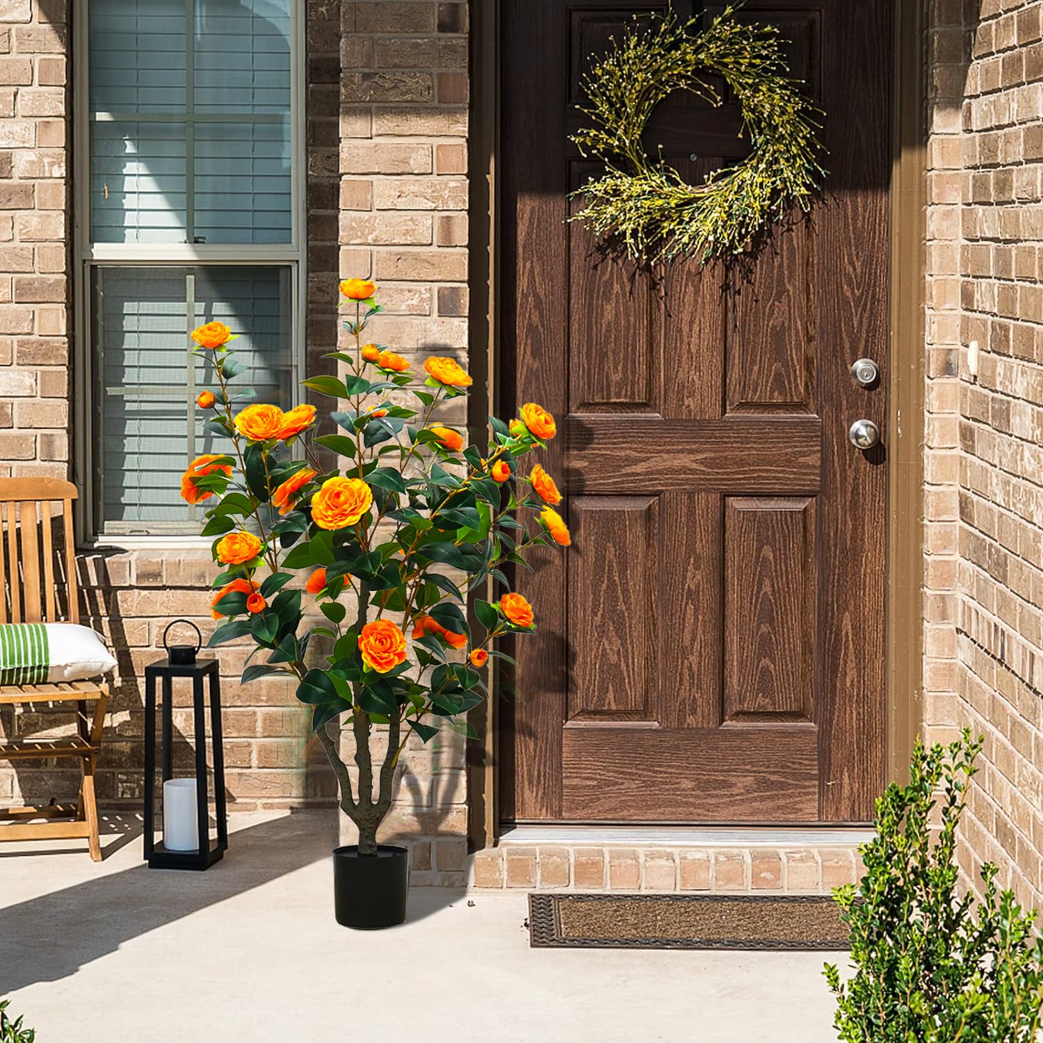 Fake Artificial Flower Trees Outdoor with More 43IN 32 Blooming Flowers Orange Tree Camellia Tree Hibiscus,Outdoor Trees Porch Pot, Maintenance Free, Indoor Outdoor Office Home Decor, Gifts,