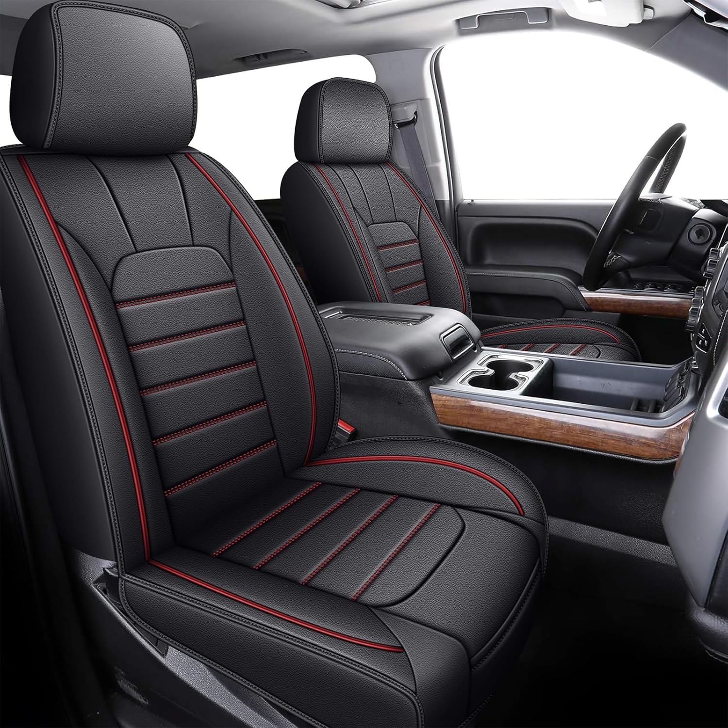AOMSAZTO Front Seat Covers Custom Fit for Chevy Chevrolet Silverado GMC Sierra 2007-2025 2026 1500/2500/3500HD Trail Boss Z71 Crew Double Extended Cab Seat Covers Leather Waterproof (2 PCS, Redline) 008# Redline 2PCS Front (2007-2026)
