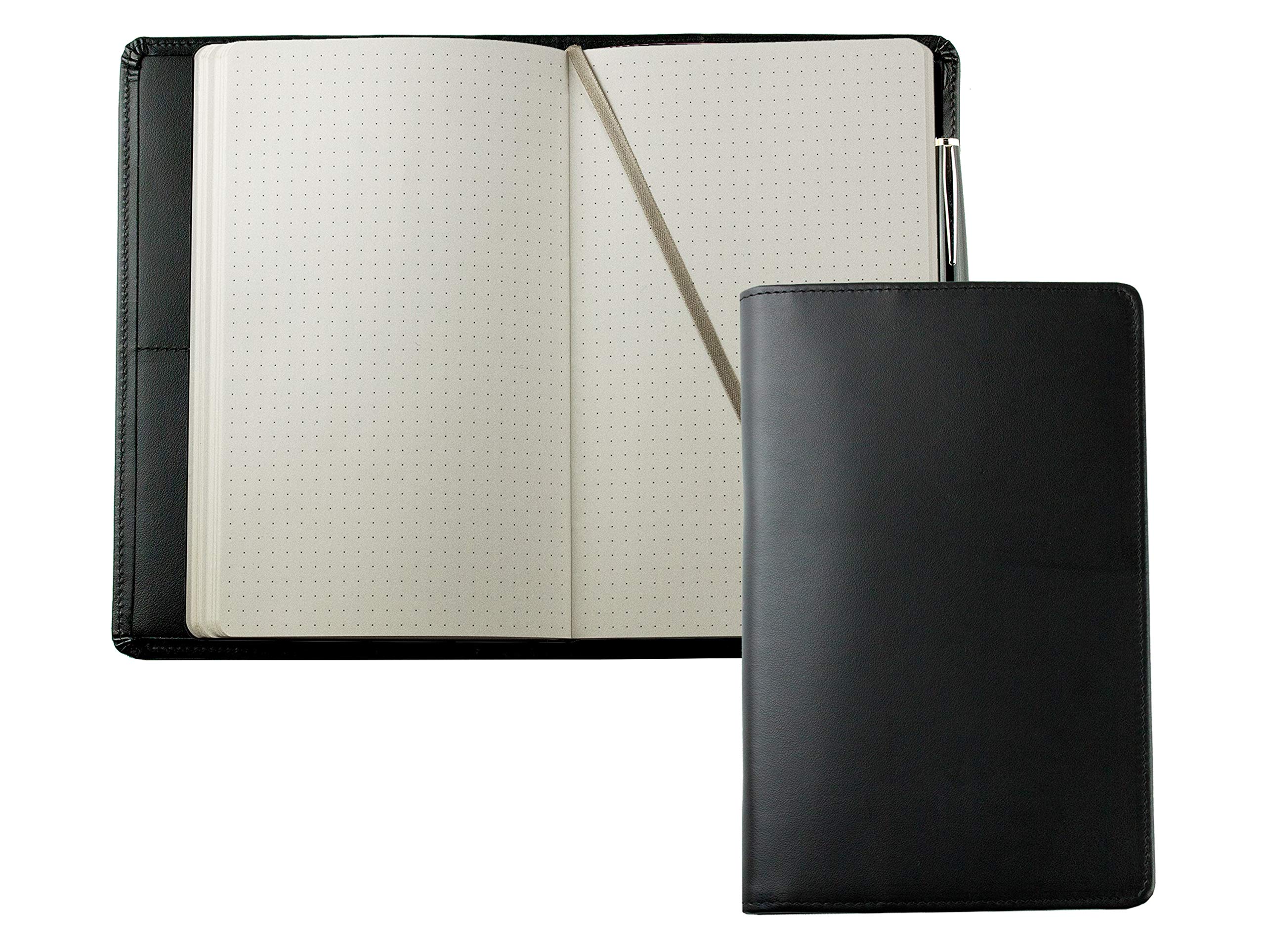 DELMON VARONE - Personalisierbares Notizbuch Etui DIN A5 aus Boxcalf Premium Leder schwarz, Blanko Buch punktiert im Hardcover Ledereinband mit Stiftschlaufe, Einschubfächer und Merkband