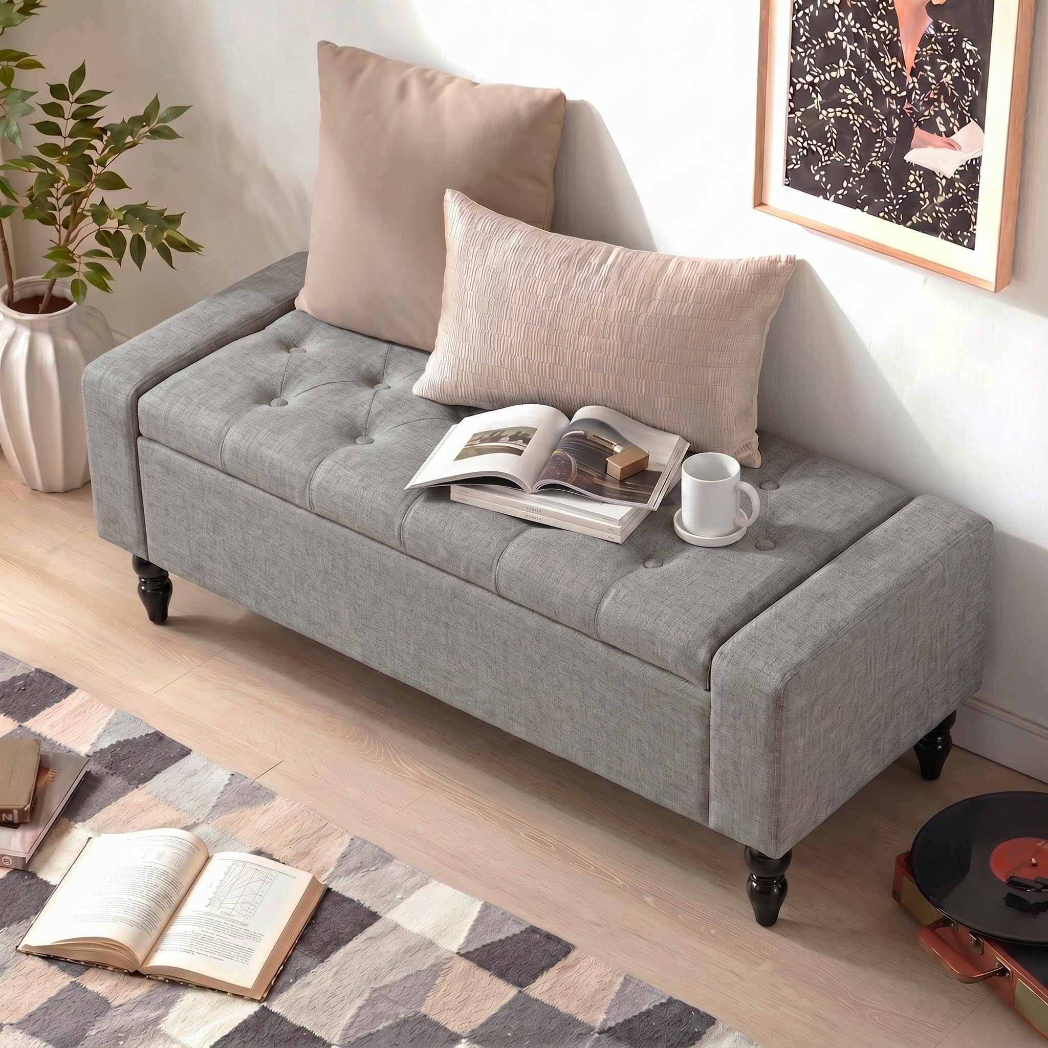 Hellove Ottoman de Rangement avec Coussin – Banc de Rangement pour Salon, Entrée, Chambre – Grand Espace de Stockage, Banc Coffre Assise Confortable, Mousse Épaisse & Structure Robuste, Gris