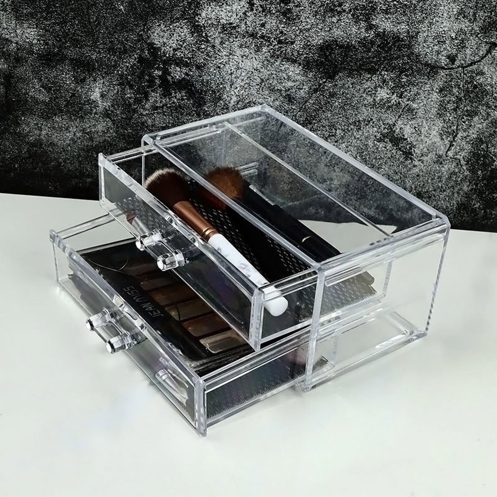 Akrylowe pudełko do przechowywania kosmetyków ze zdejmowanymi szufladami – przezroczysty nizer do makijażu na biżuterię i produkty kosmetyczne pyłoszczelny design na biurko lub toaletkę idealny do