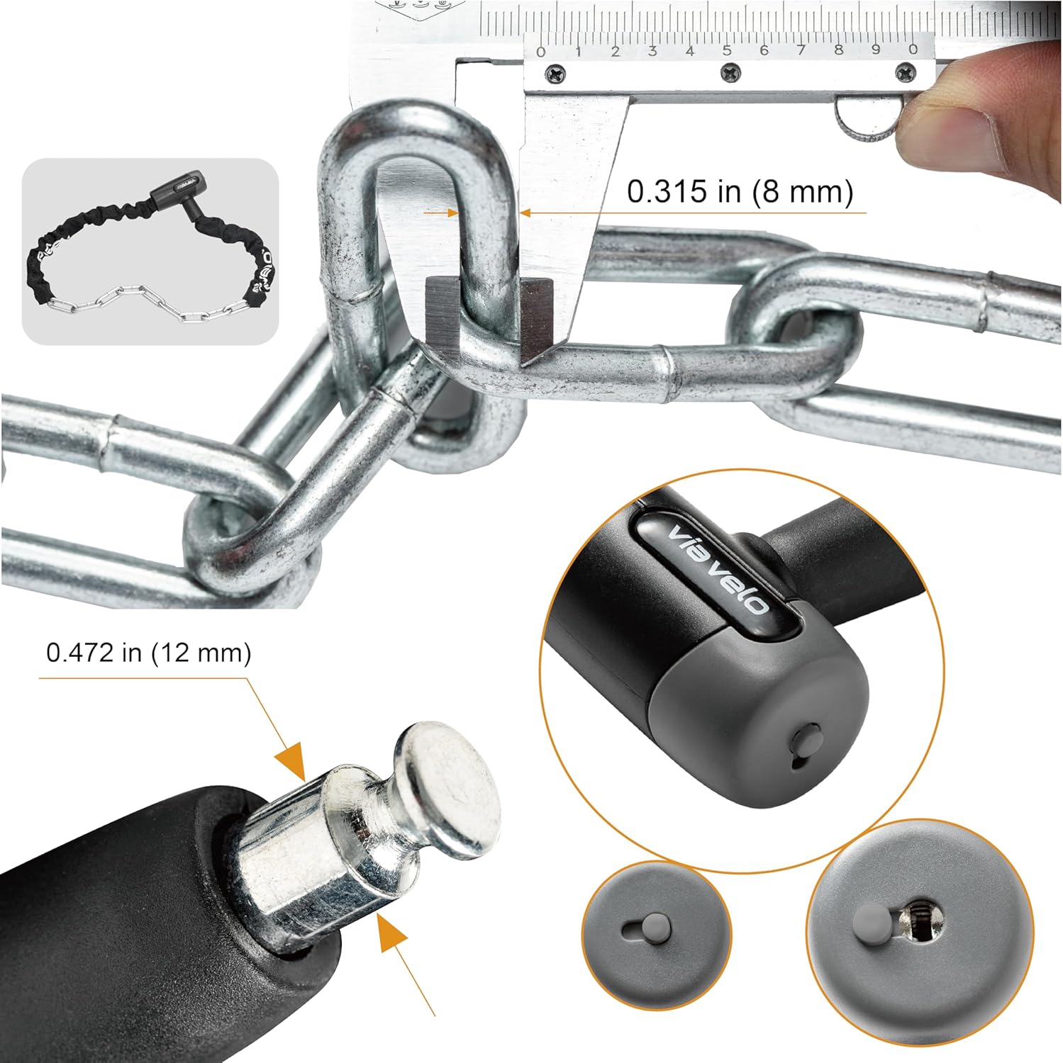 Via Velo Bike Lock 2 Sets U Lock Sold Secure Silver 15mm Shackle, 9x4.5in and Bike Chain Lock, 8mm Chain, 2.96ft Length, Same Key System 6 Keyed Alike Keys, for All Bikes, Electric Bikes