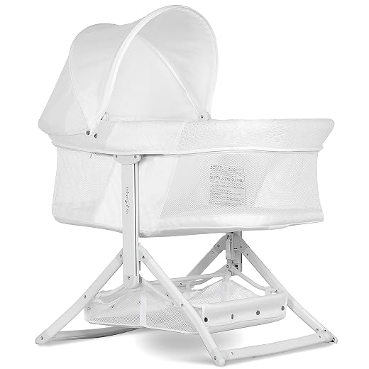 Dream On Me 2-in-1 Convertible Insta Fold Bassinet and Cradle in White, Lightweight, Portable and Easy to Fold Baby Bassinet, Adjustable Canopy, Breathable Mesh Sides, JPMA Certified