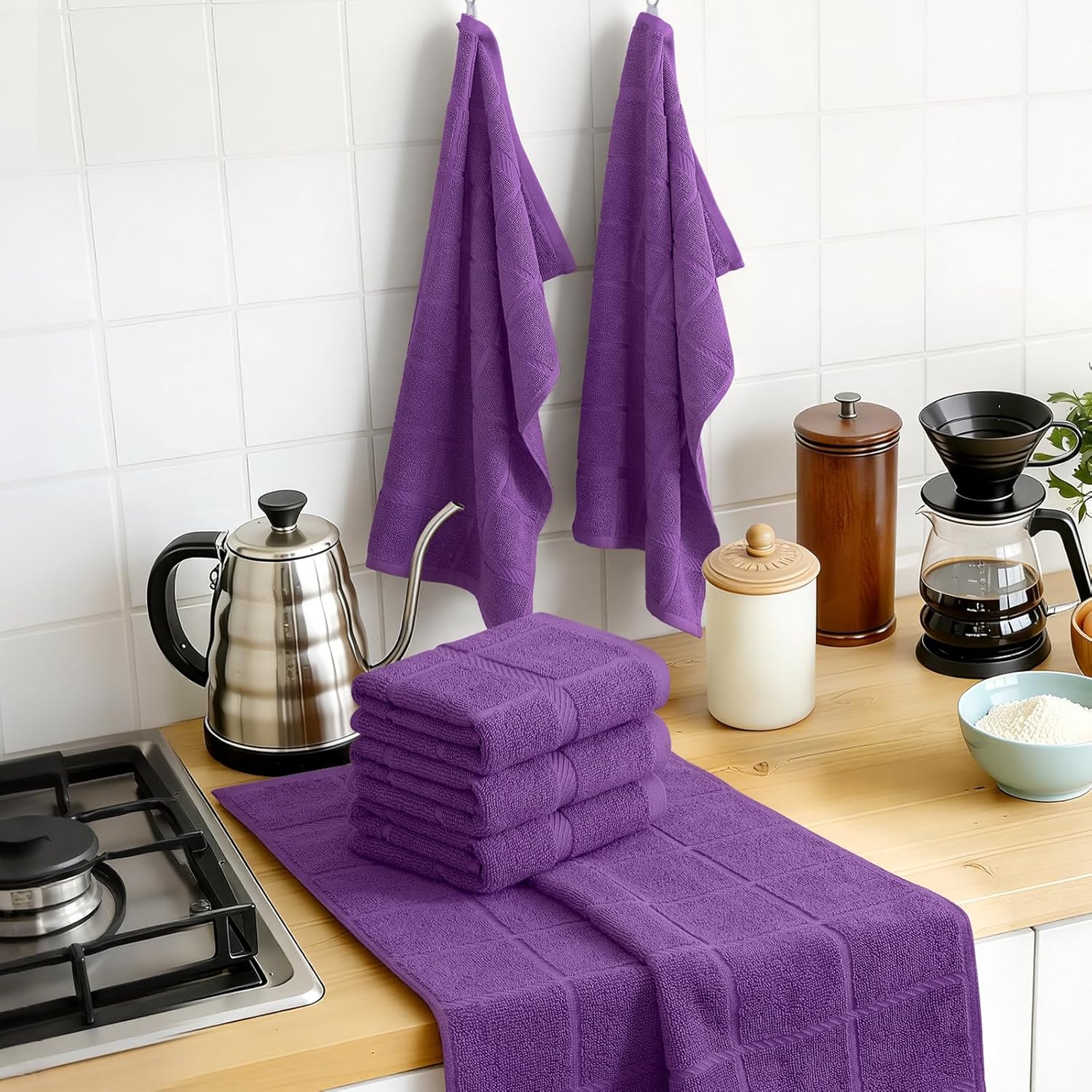 Homaxy Premium Kitchen Towels 18"x28", 4 Pack Large Cotton 380 GSM Dish Towels, Soft and Absorbent Kitchen Hand Towels with Terry Grid Design, Utility Tea Towel Set with Hanging Loop, Purple