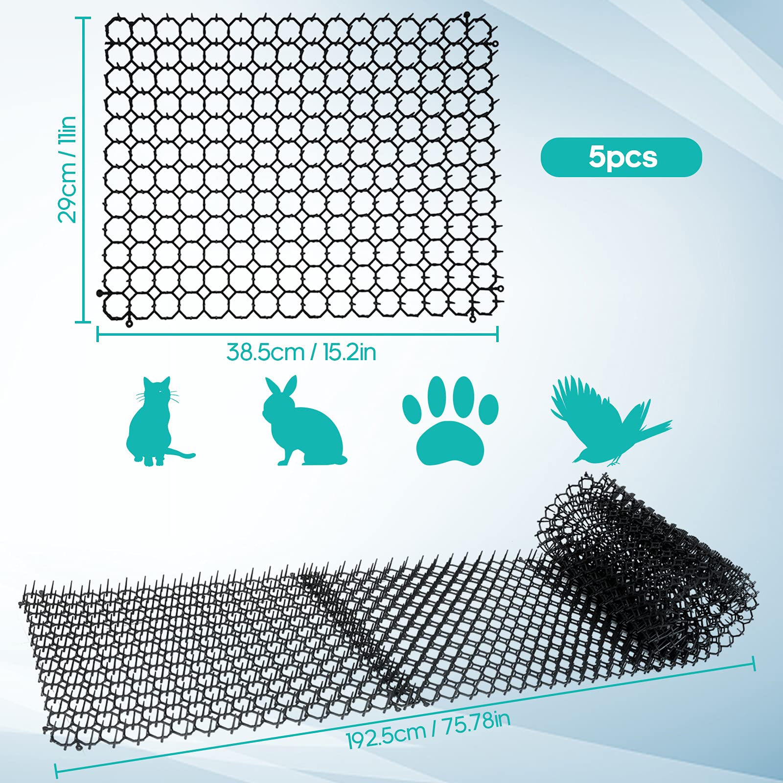JONRRYIN Pinchos Anti Gatos, 5 Pcs Estera de Anti Gato, Estera de Espinas, Tiras De Espigas para Animales, Repelente para Disuasión para Defensa contra Gato y Proteger Las Plantas En Jardín (Negro)