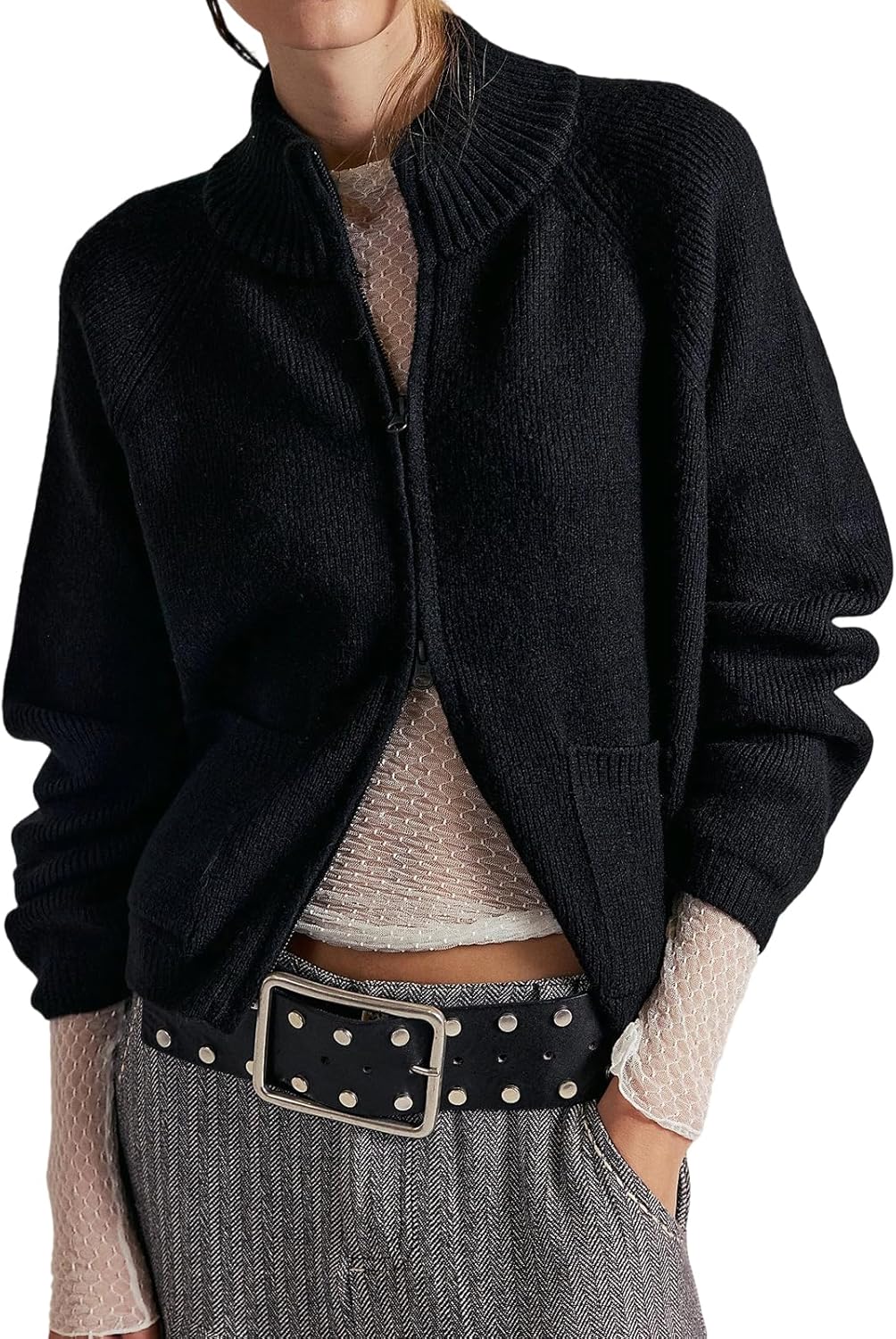 Women's Chunky Knit Open Front Sweater Long Sleeve Zip Up Cable Cardigan with Pockets Outerwear Coats
