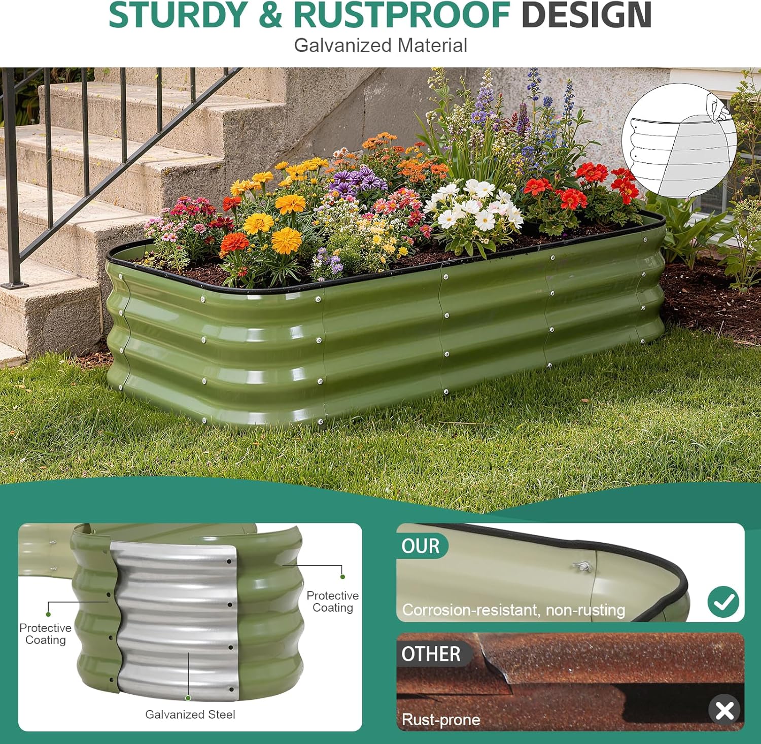 3 in 1 Galvanized Raised Garden Bed - 4x2x1ft Modular Garden Planter Bed Outdoor | Steel Raised Bed Kit with Bracing Rods, Gloves for Gardening Vegetables Fruits and Flowers (Green)