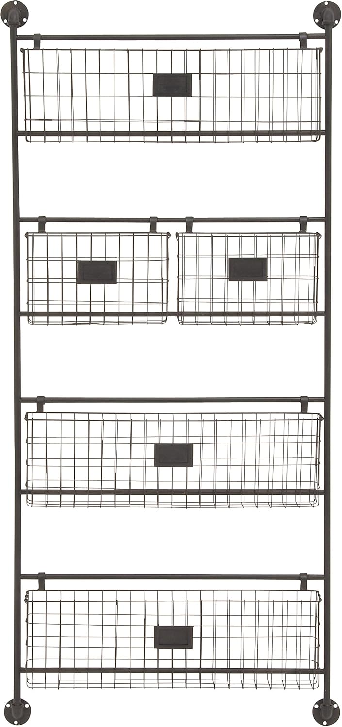 Deco 79 Metal Tall Wire 5 Slot Magazine Rack Holder with Suspended Baskets and Label Slots, 27" x 5" x 61", Black BLACK 27" x 5" x 61"
