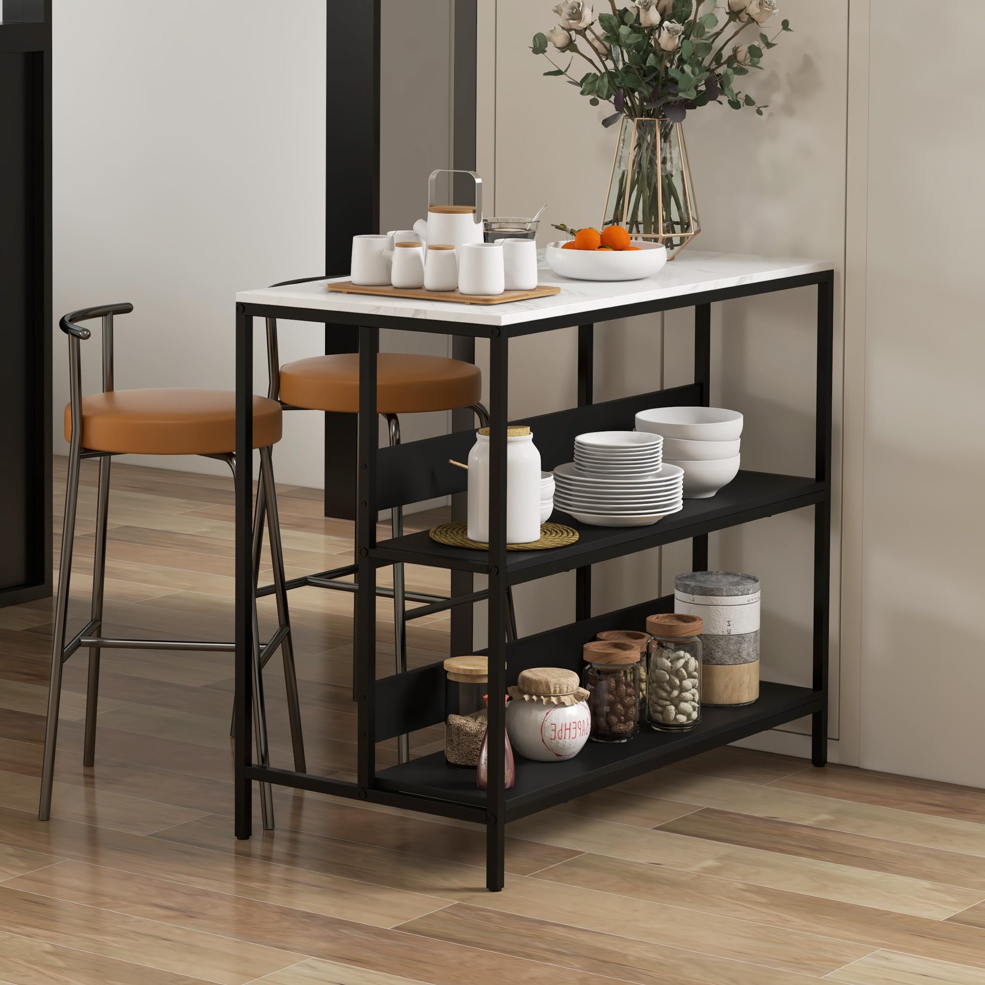 HOMCOM - Postre isla de cocina, mueble de cocina, bandeja de aspecto mármol, estructura de acero, 2 estantes, mueble de almacenamiento para salón, estilo moderno, 100 x 50 x 90 cm, color negro