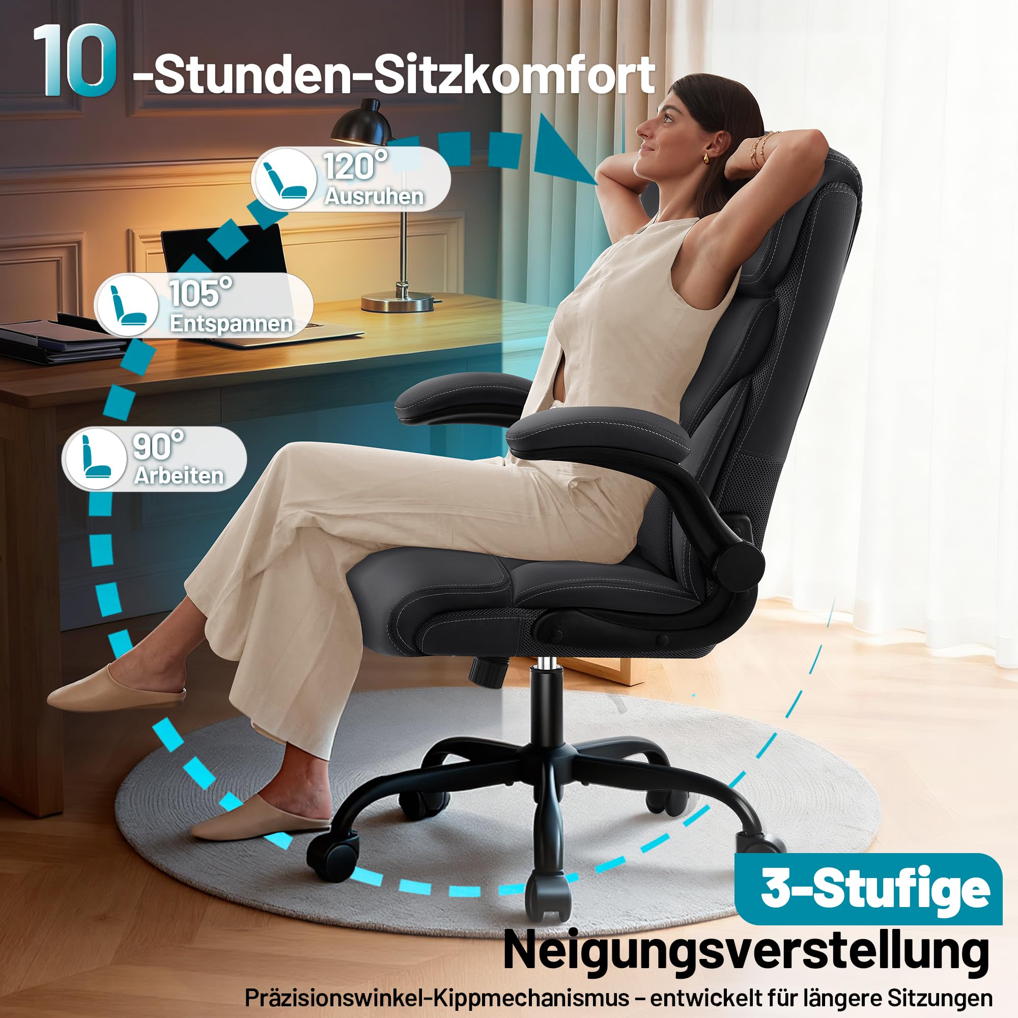 Ergonomischer Chefsessel aus PU-Leder mit Armlehnen, Schwarz | belastbar bis 180 kg , Hohe stabile Rückenlehne, höhenverstellbarer Drehstuhl mit Rollen, optimal für Büro & Homeoffice