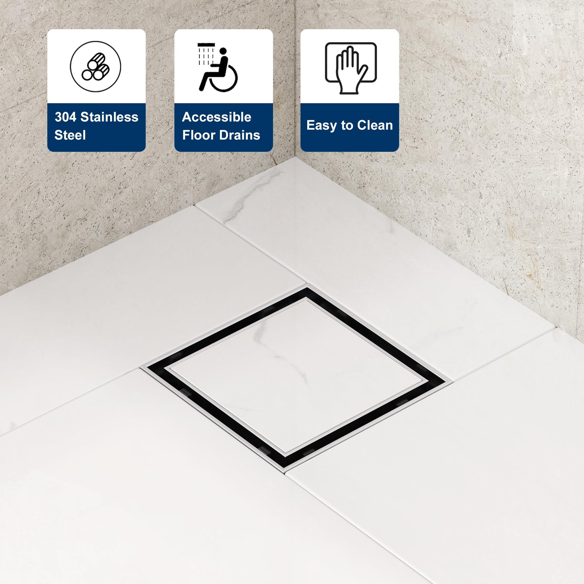 Neodrain Caniveau de douche carré en acier inoxydable noir 20 x 20 cm 2 en 1 avec siphon 360°, siphon anti-odeurs et filtre à cheveux