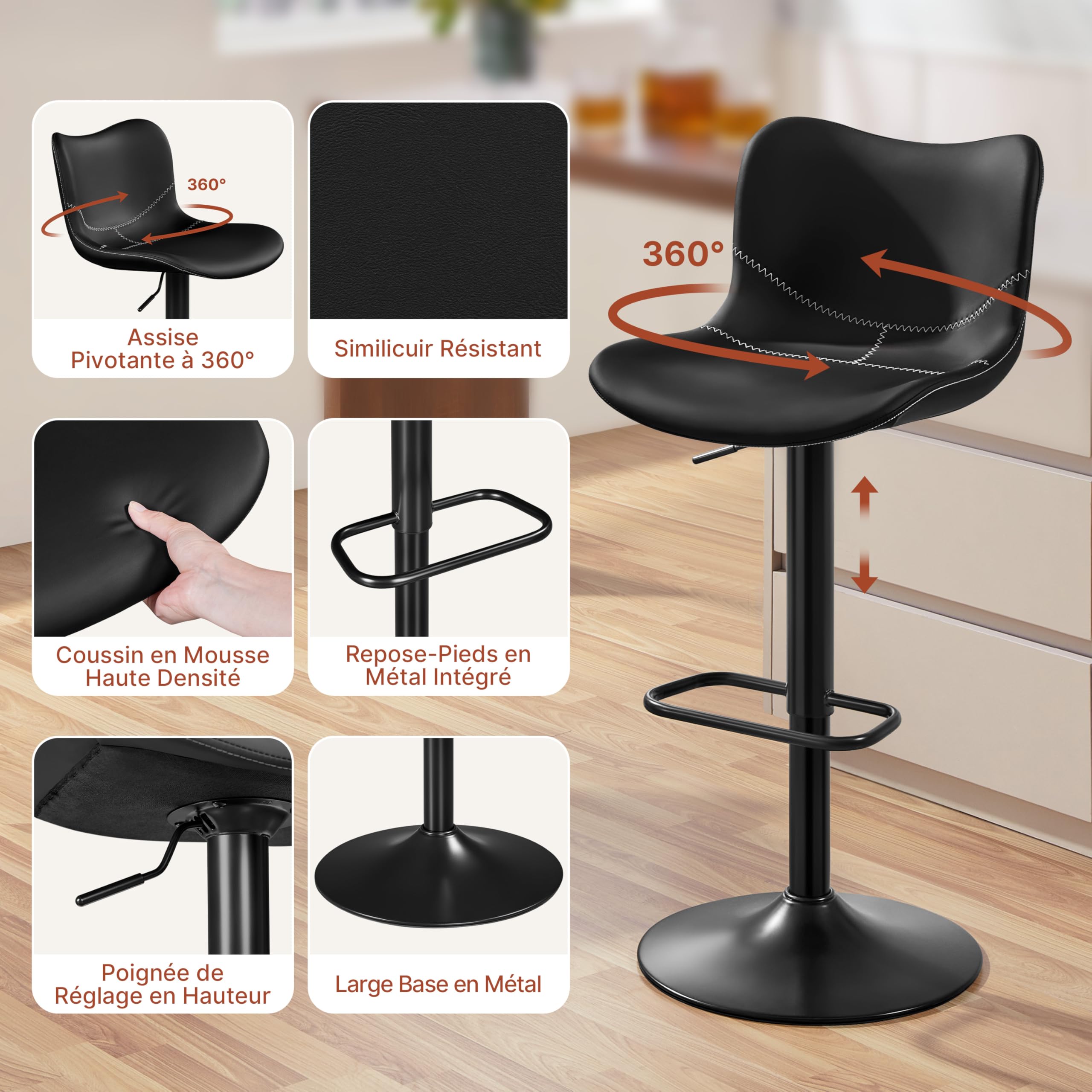 Yaheetech Tabourets de Bar Lot de 2 Réglable Hauteur - Noir | Hauteur Réglable 89-111cm avec Dossier | Charge Max 136kg, Base Métal Stable | Similicuir Hydrofuge | Cuisine, Bar, Salon