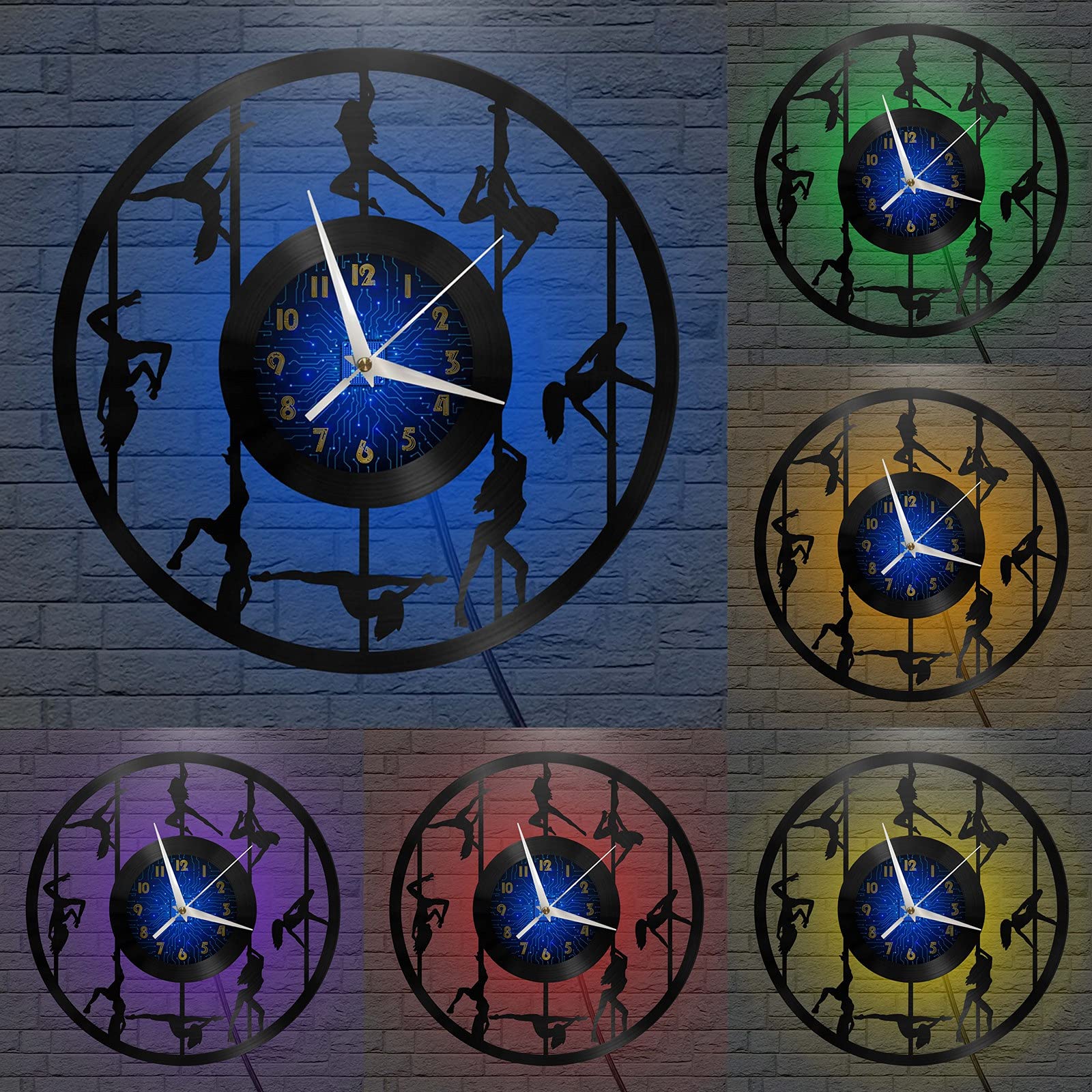 VCS Pole Dance Disque Vinyle Horloge Murale pour Cuisine Décoration Murale Art Mural Cadeau pour Amoureux Idée Cadeau pour Un Meilleur Ami(B, avec LED)