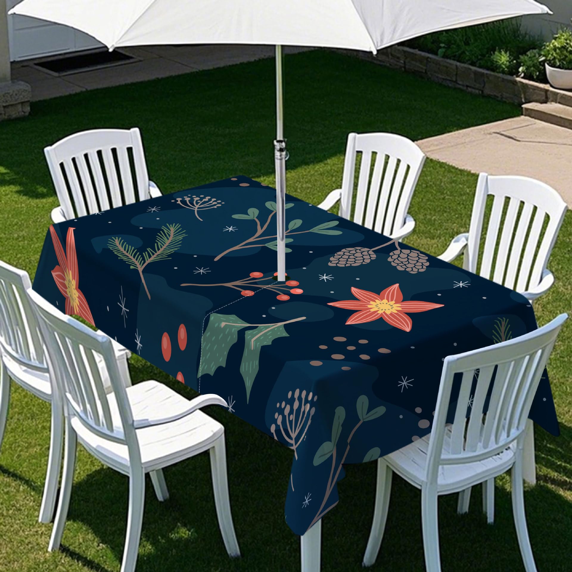 Chickwin Outdoor Tablecloths with Parasol Hole, Summer Flowers Tablecloth Rectangular Waterproof Stain Resistant Wipe Clean for Garden Table, Family Gatherings, BBQs, Party (Navy Blue,102x60in)