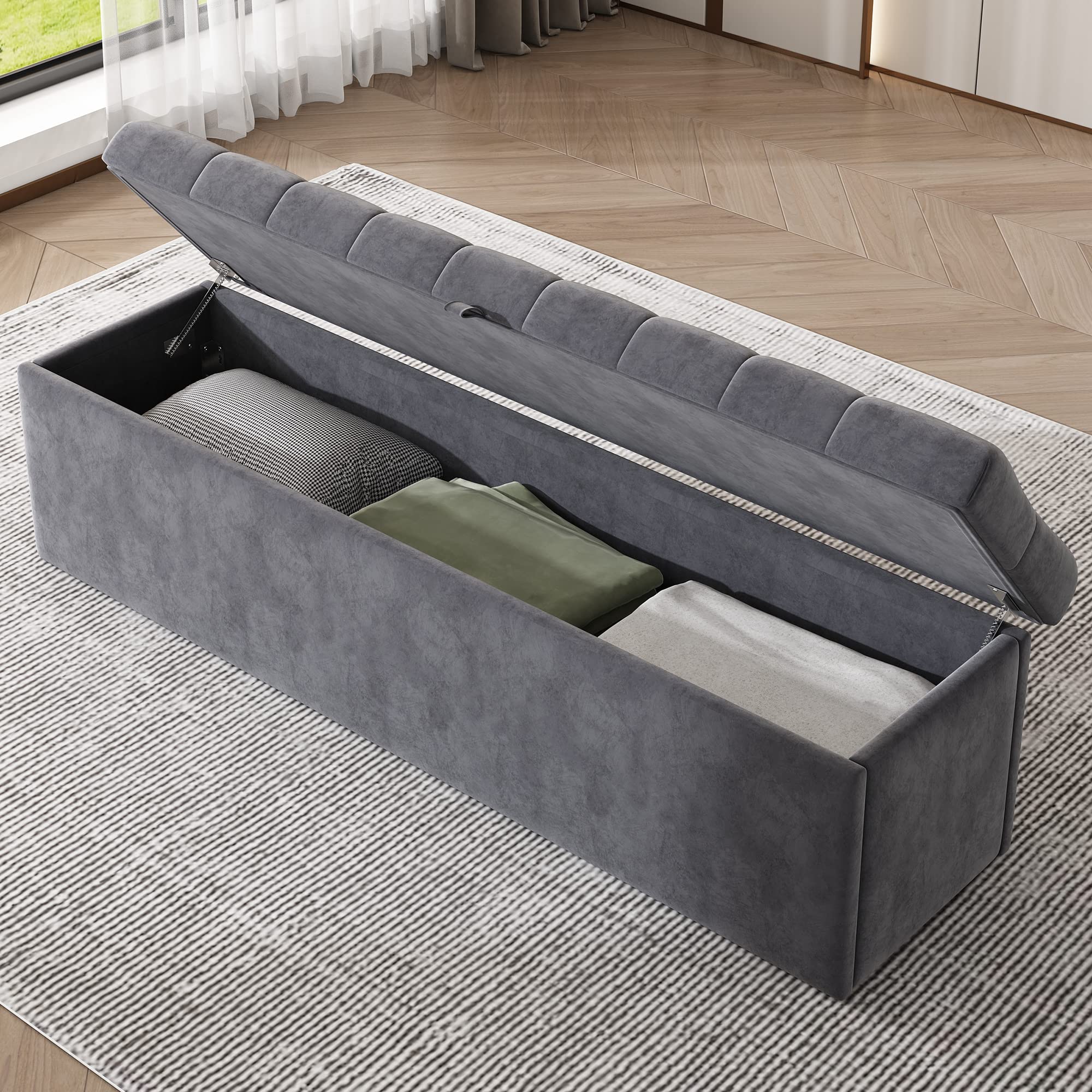 Samt, Polsterbank, Gepolsterte Sitzbank, Betthocker, Bank mit Stauraum, grau 138 x 41 x 42 cm